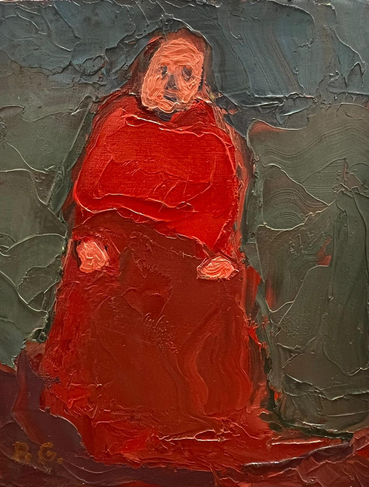 French School Figurative Painting - Mid Century French Modernist Thickly Painted Oil Man in Red Robes