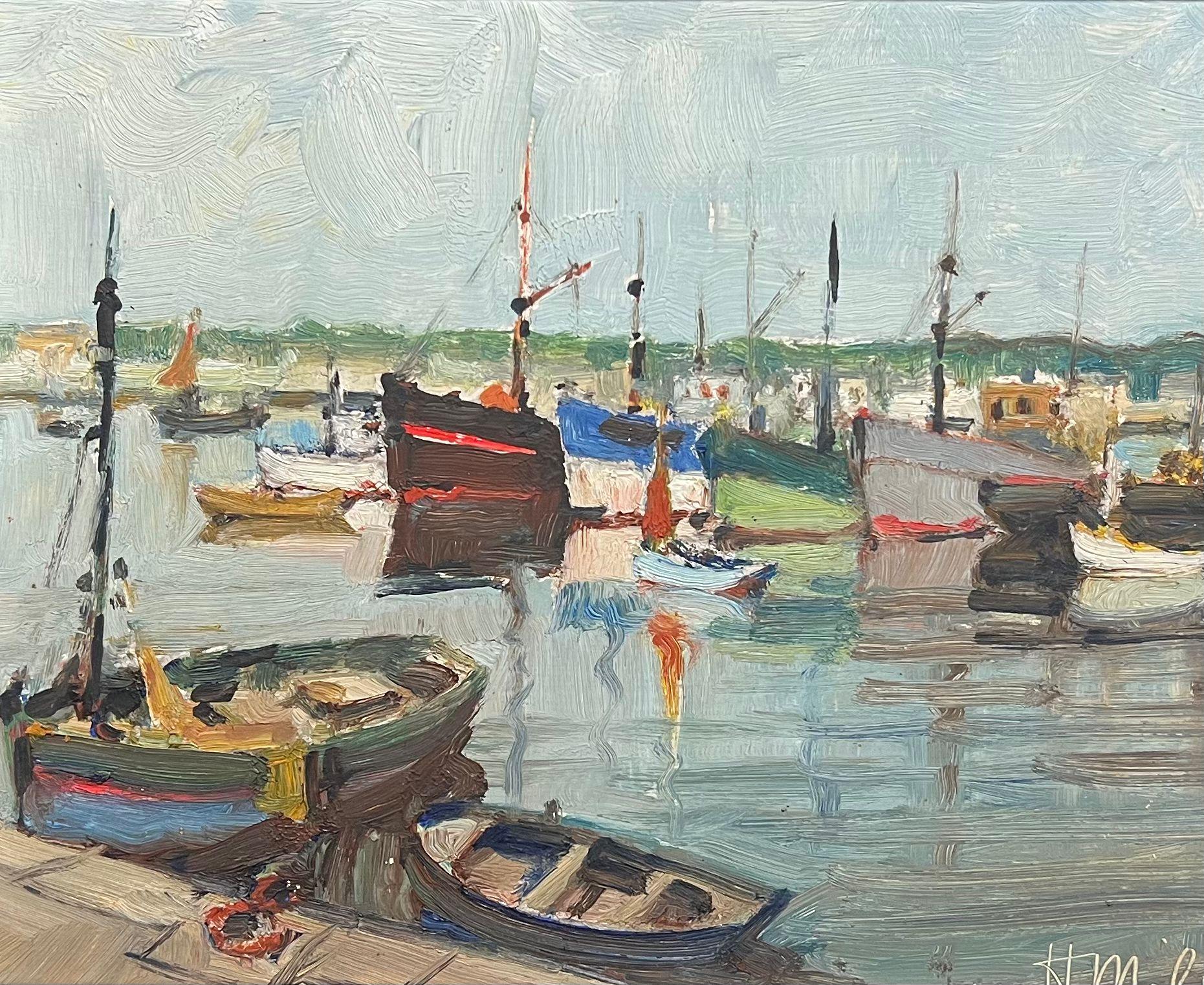 Mid Century French Oil Charming Harbor Scene with Colourful Boats Oil Landscape - Painting by French School