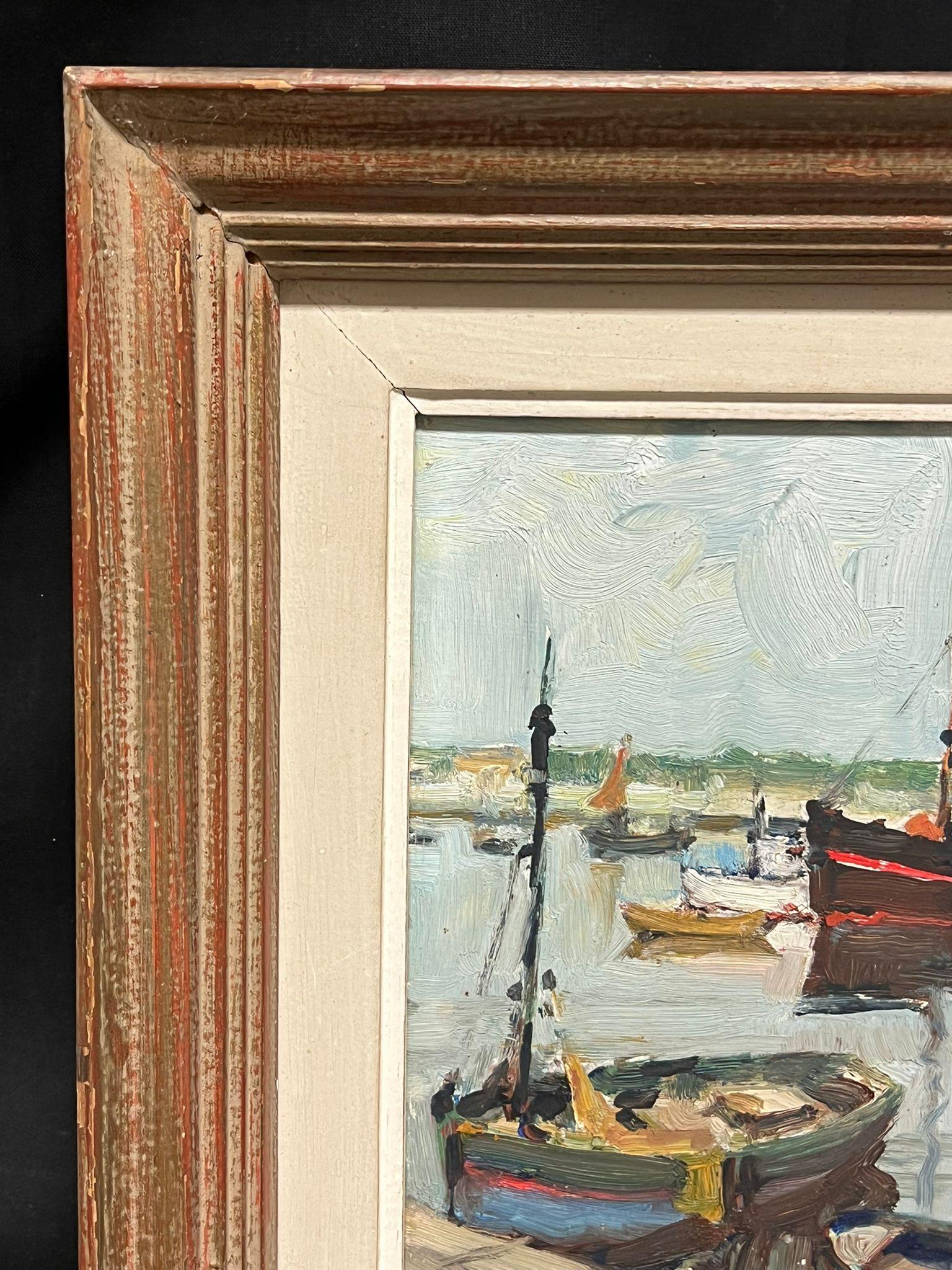Mid Century French Oil Charming Harbor Scene with Colourful Boats Oil Landscape - Impressionist Painting by French School