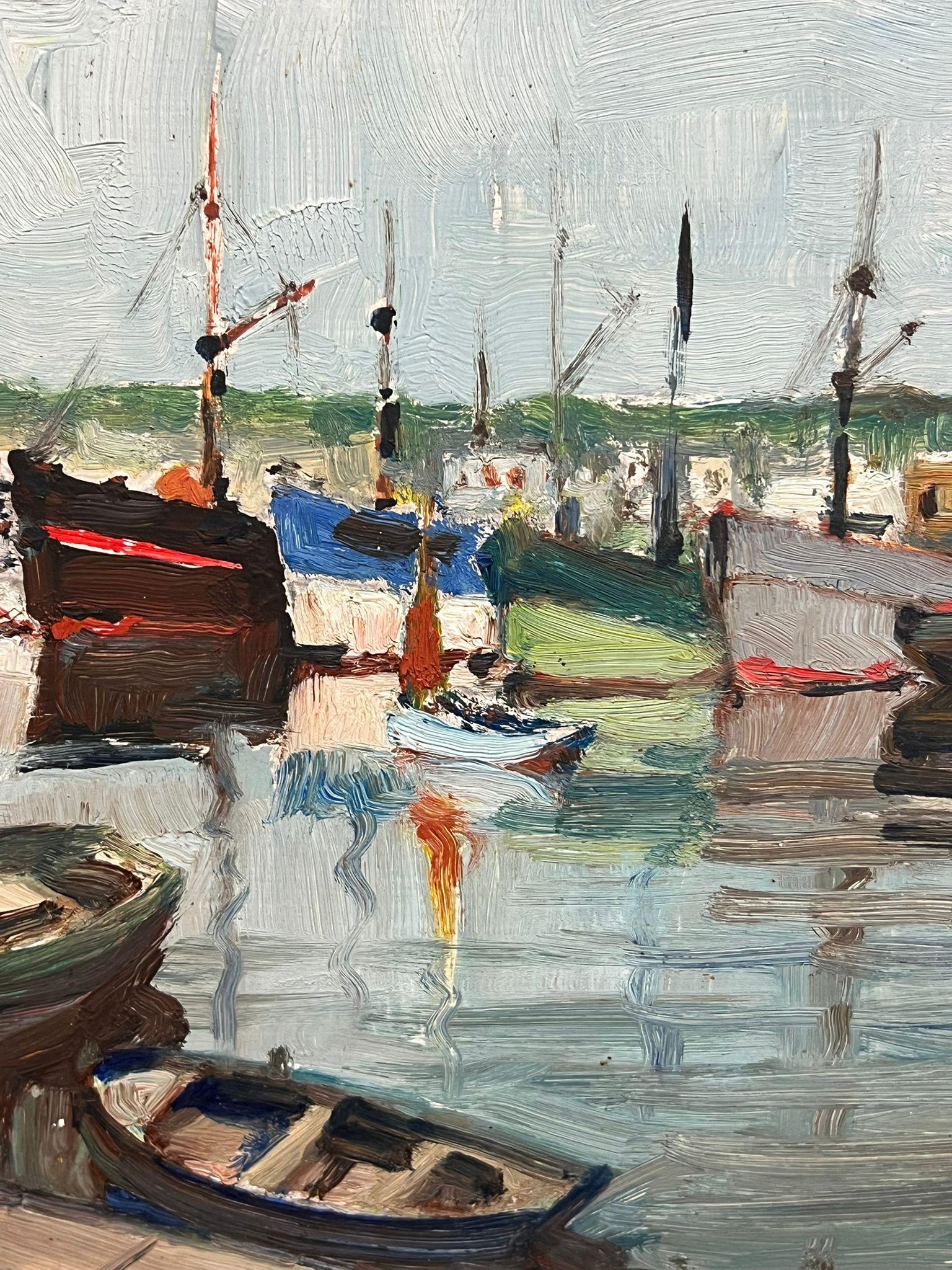 Mid Century French Oil Charming Harbor Scene with Colourful Boats Oil Landscape - Brown Landscape Painting by French School