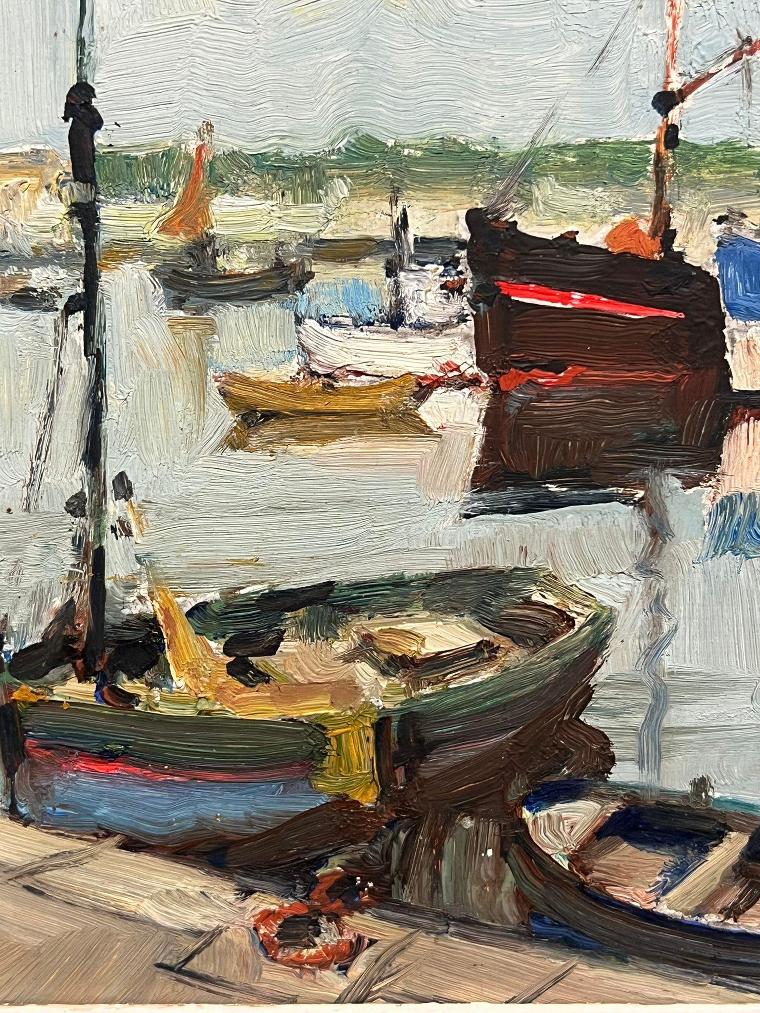 Mid Century French Oil Charming Harbor Scene with Colourful Boats Oil Landscape For Sale 1