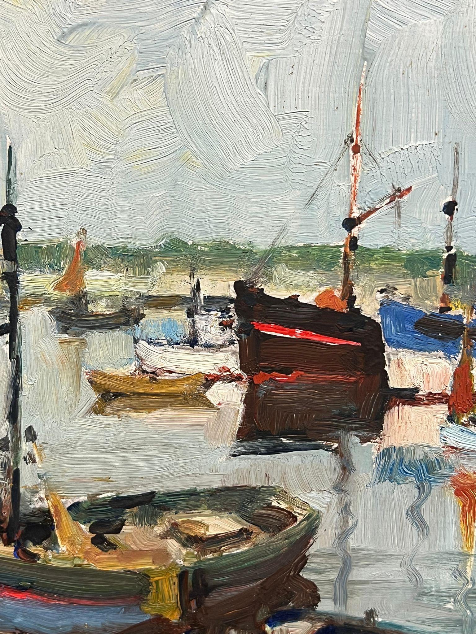 Mid Century French Oil Charming Harbor Scene with Colourful Boats Oil Landscape For Sale 2