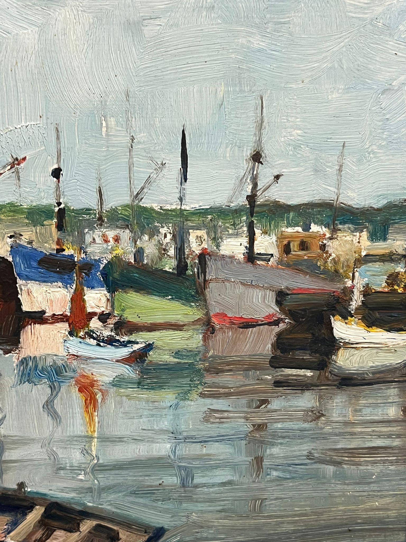 Mid Century French Oil Charming Harbor Scene with Colourful Boats Oil Landscape For Sale 3