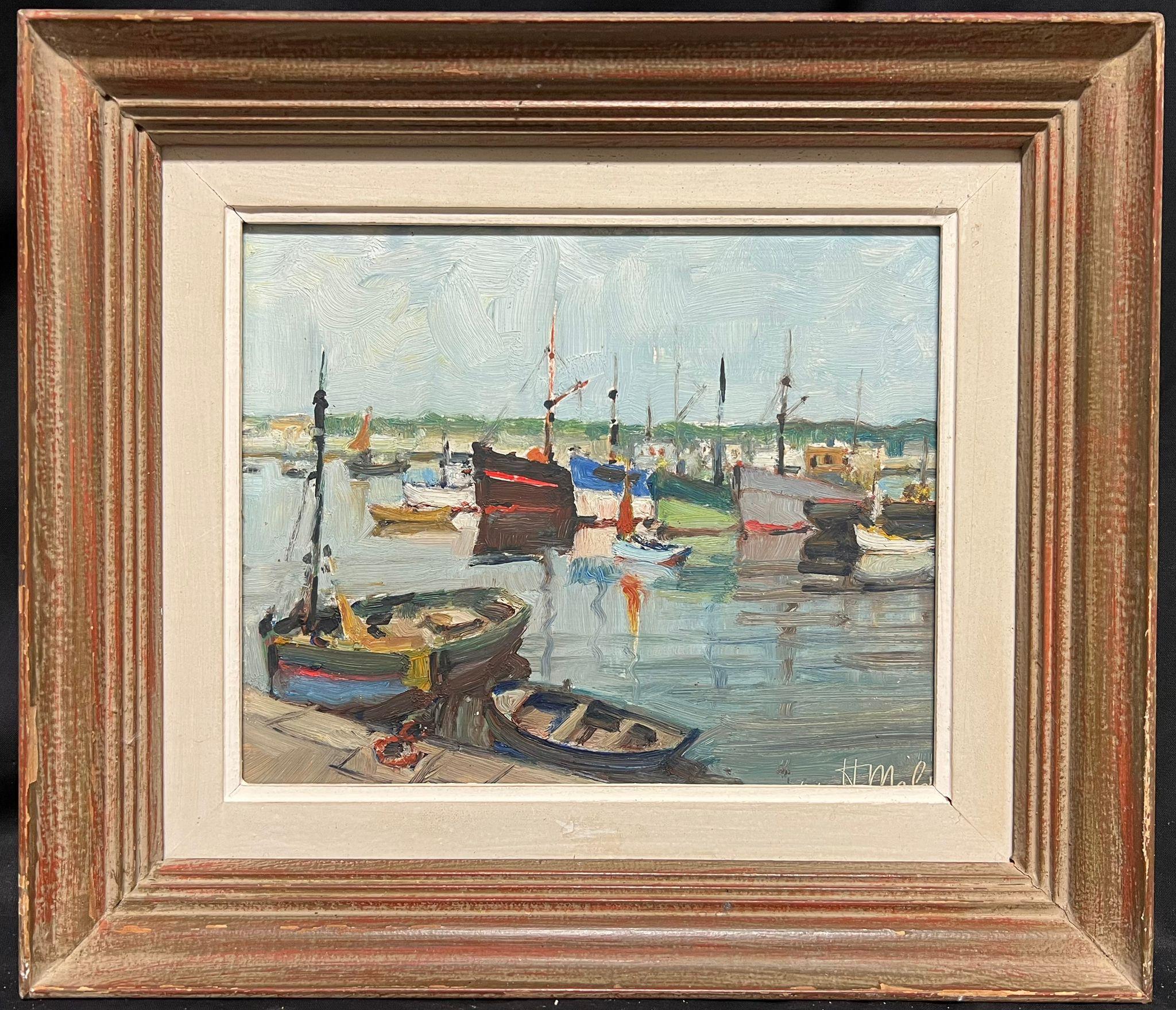 French School Landscape Painting - Mid Century French Oil Charming Harbor Scene with Colourful Boats Oil Landscape
