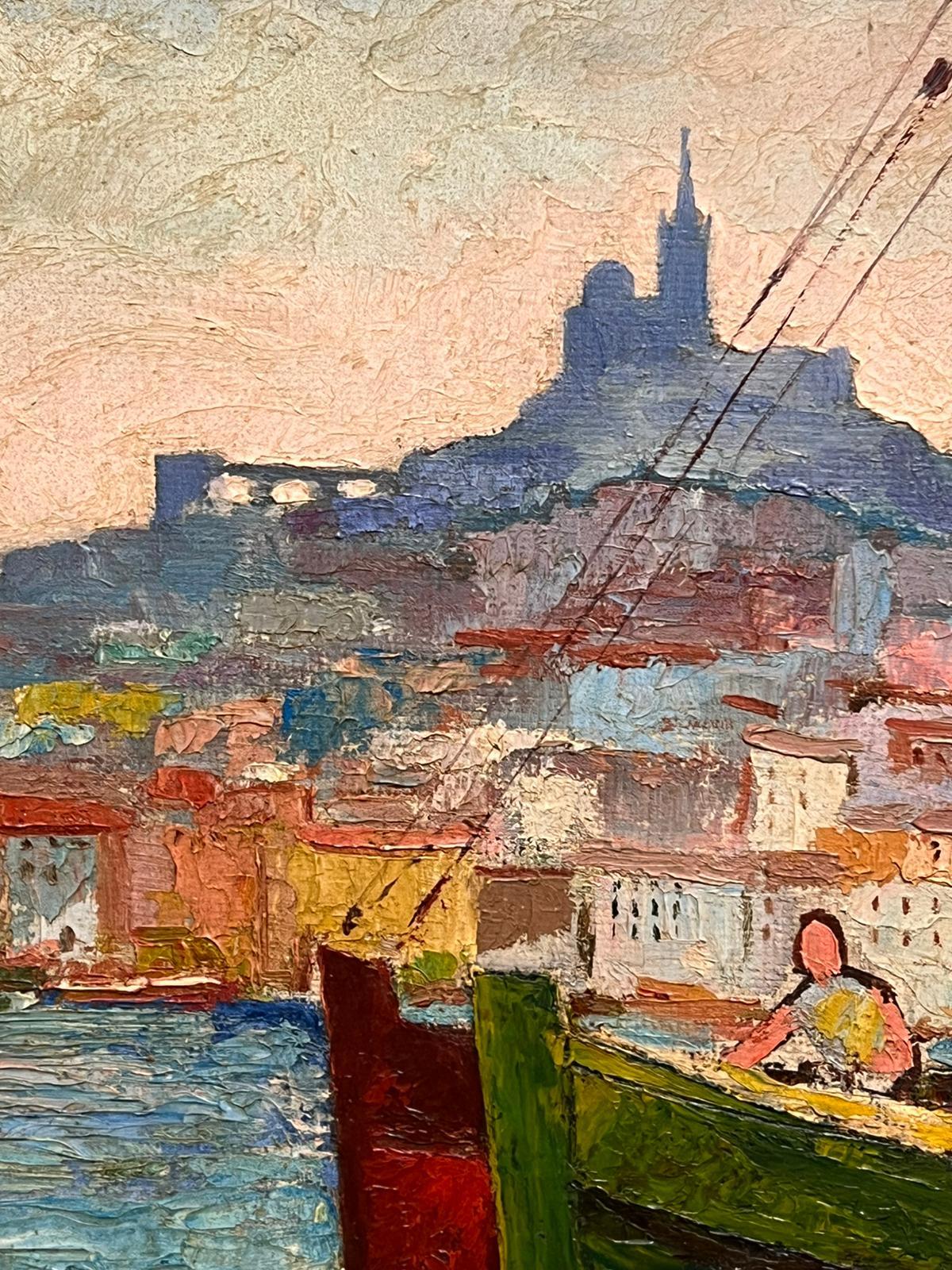 Pittura a olio francese della metà del secolo scorso: Marsiglia, porto soleggiato con barche da pesca in vendita 6