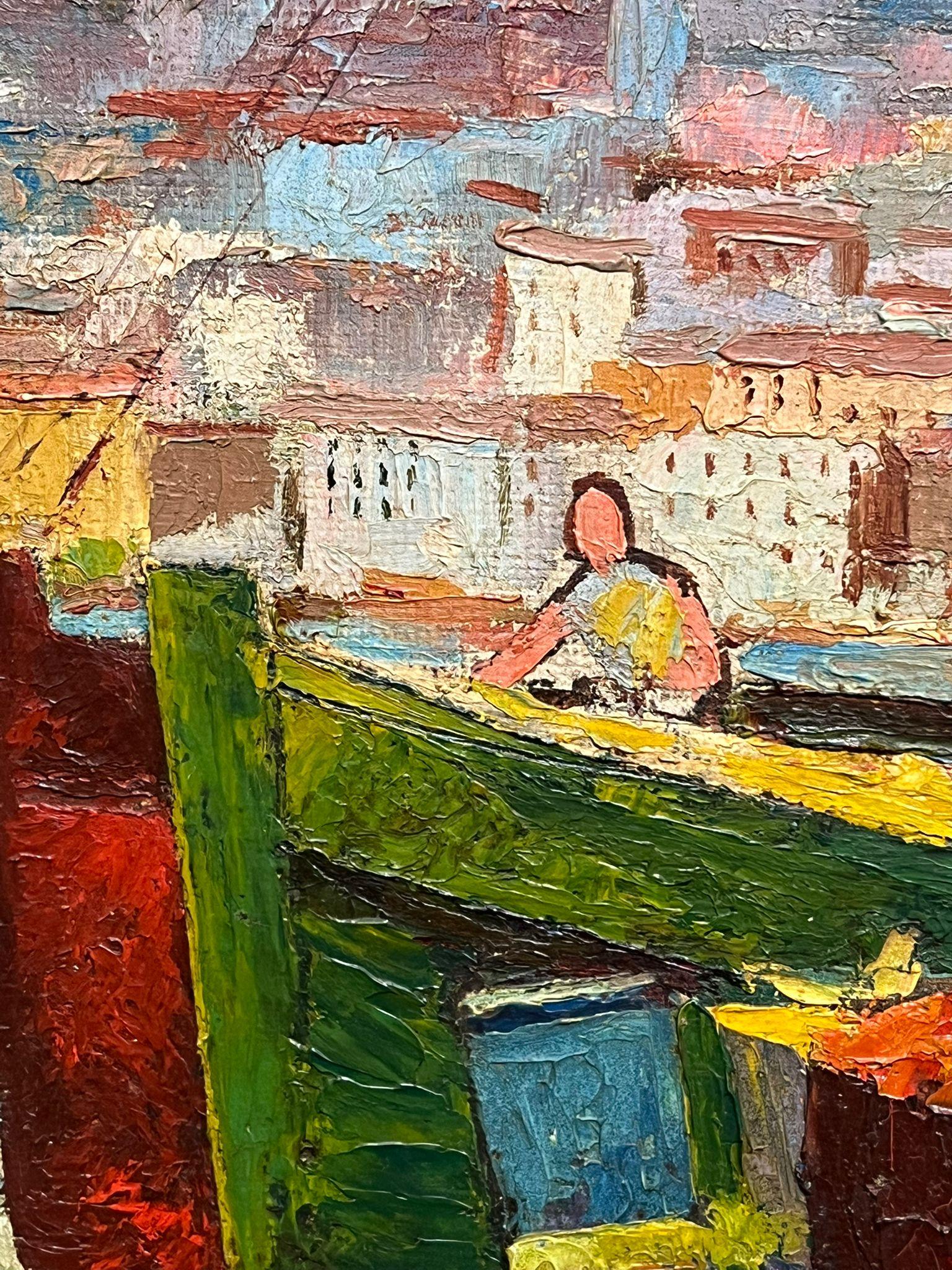 Pittura a olio francese della metà del secolo scorso: Marsiglia, porto soleggiato con barche da pesca in vendita 7