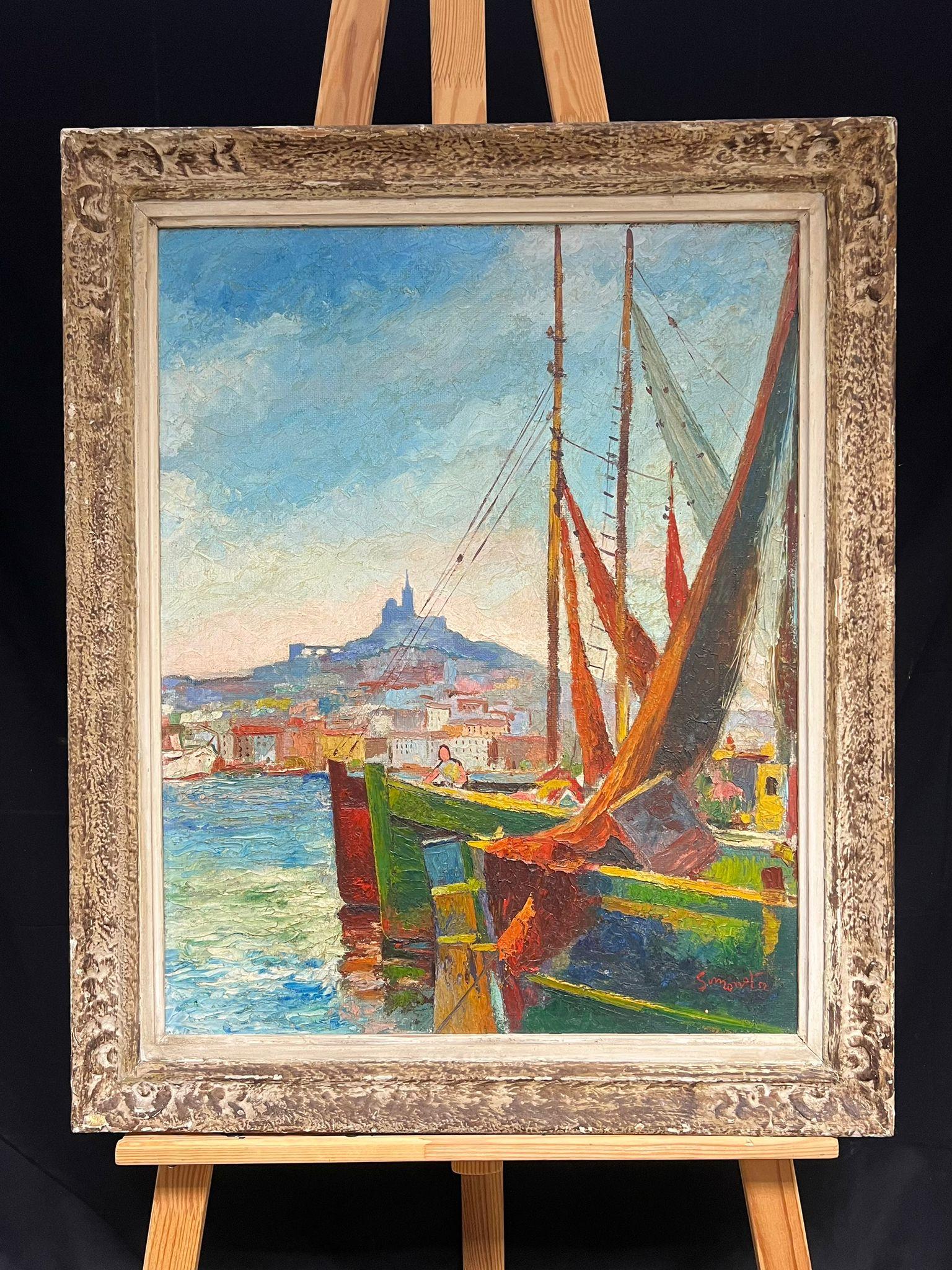 Pittura a olio francese della metà del secolo scorso: Marsiglia, porto soleggiato con barche da pesca - Painting Impressionismo di French School
