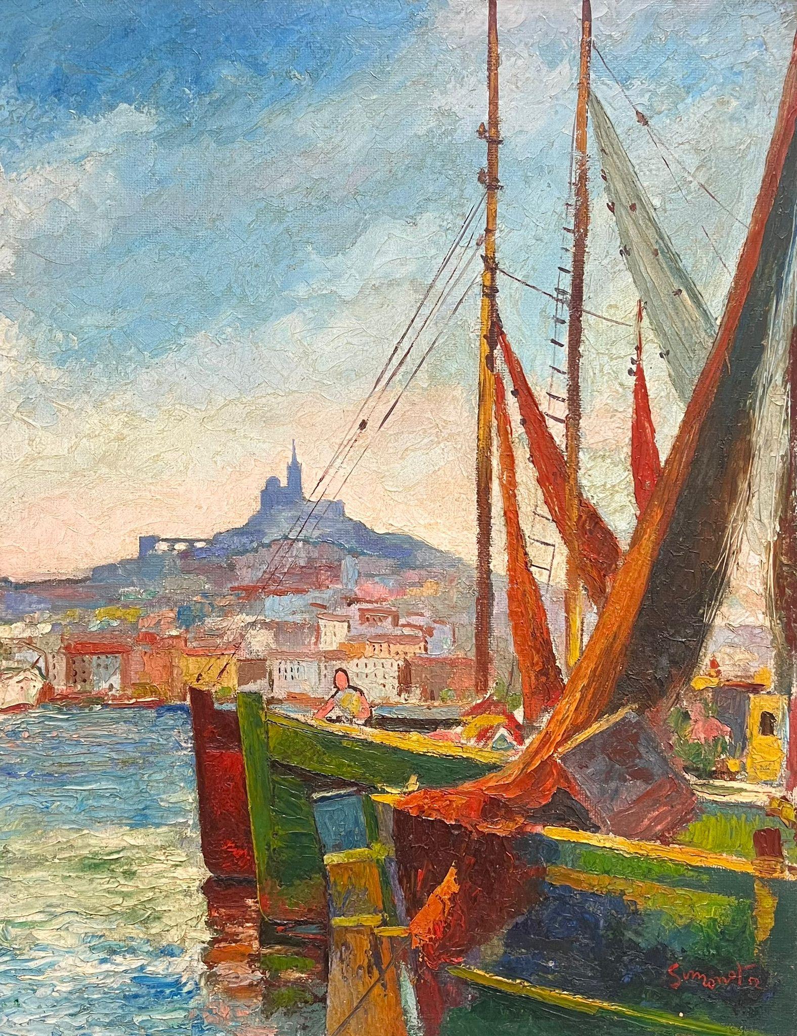 Pittura a olio francese della metà del secolo scorso: Marsiglia, porto soleggiato con barche da pesca - Landscape Painting Marrone di French School