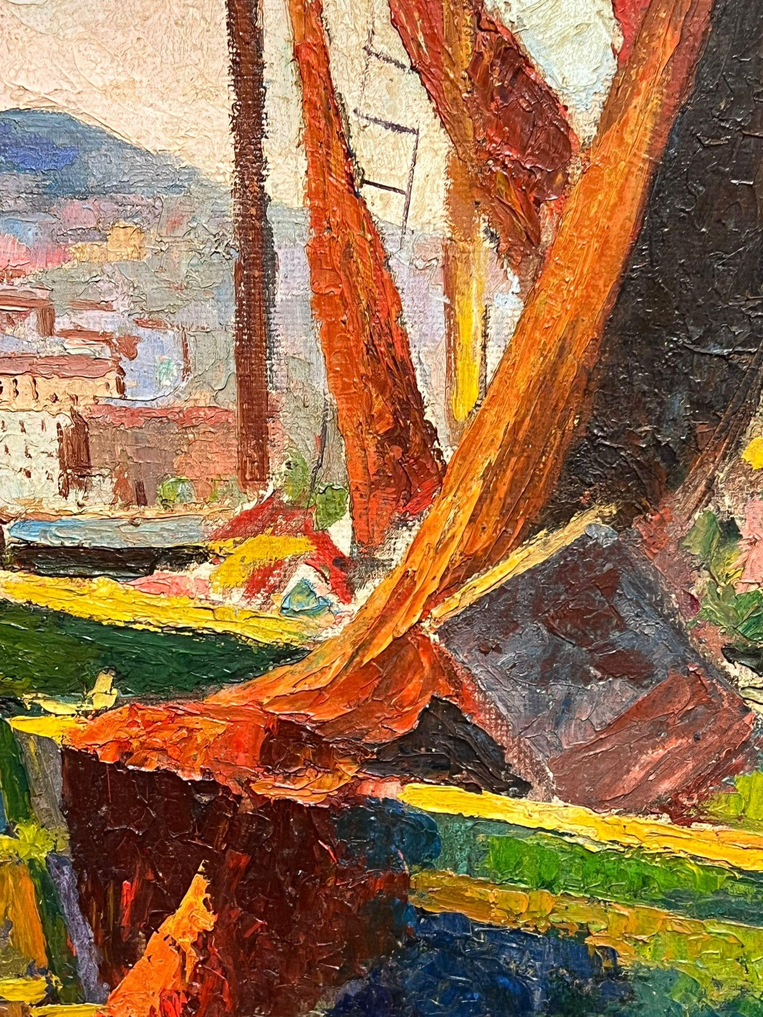 Pittura a olio francese della metà del secolo scorso: Marsiglia, porto soleggiato con barche da pesca in vendita 2