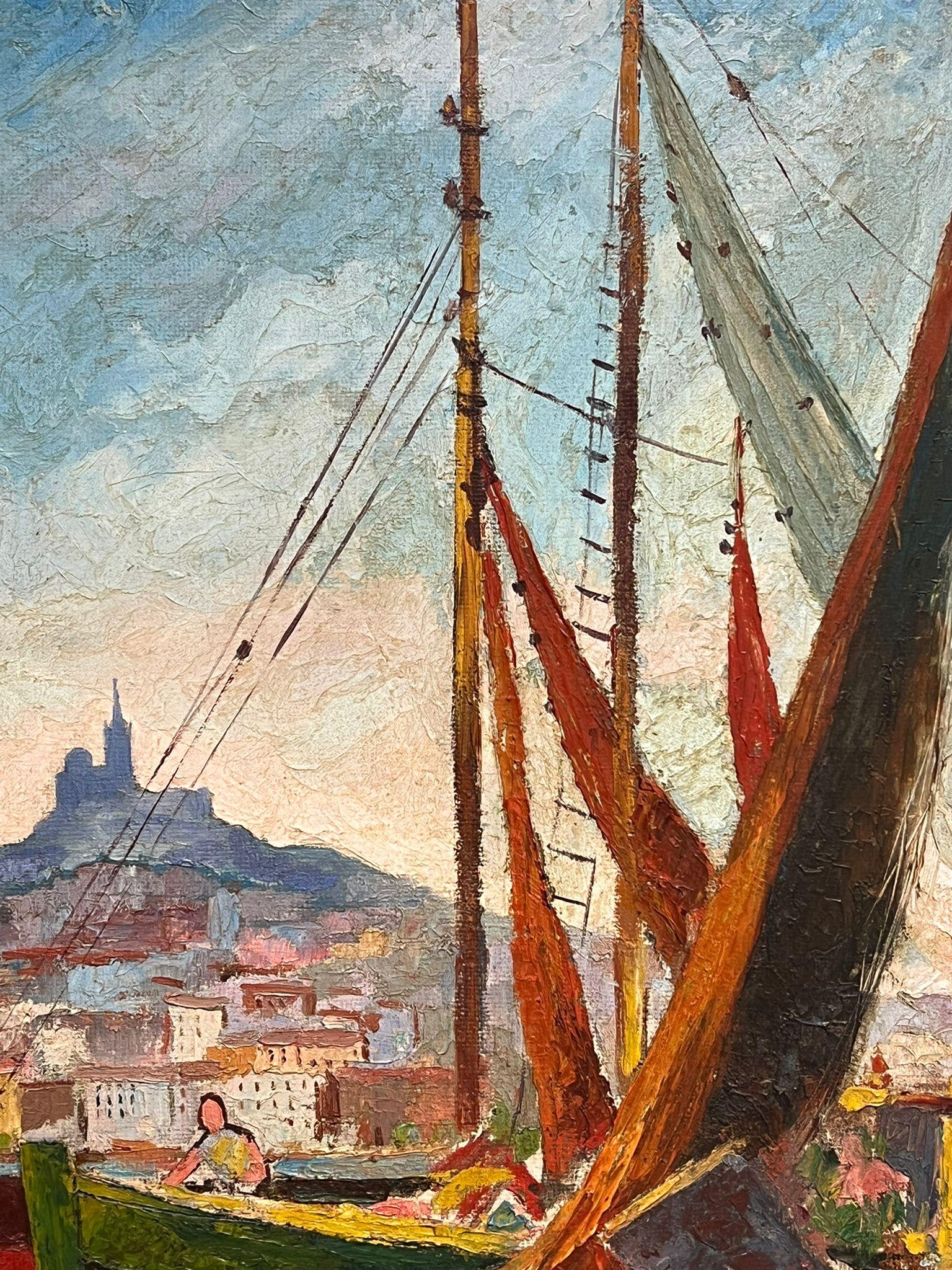 Pittura a olio francese della metà del secolo scorso: Marsiglia, porto soleggiato con barche da pesca in vendita 3