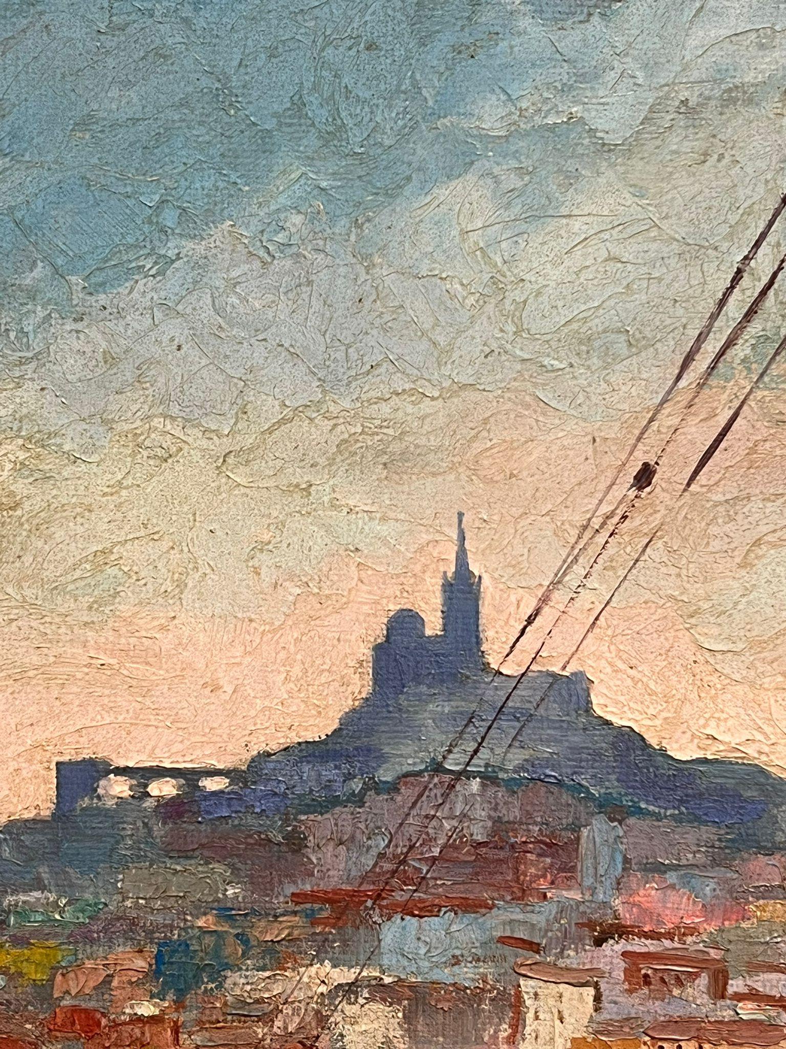 Pittura a olio francese della metà del secolo scorso: Marsiglia, porto soleggiato con barche da pesca in vendita 4