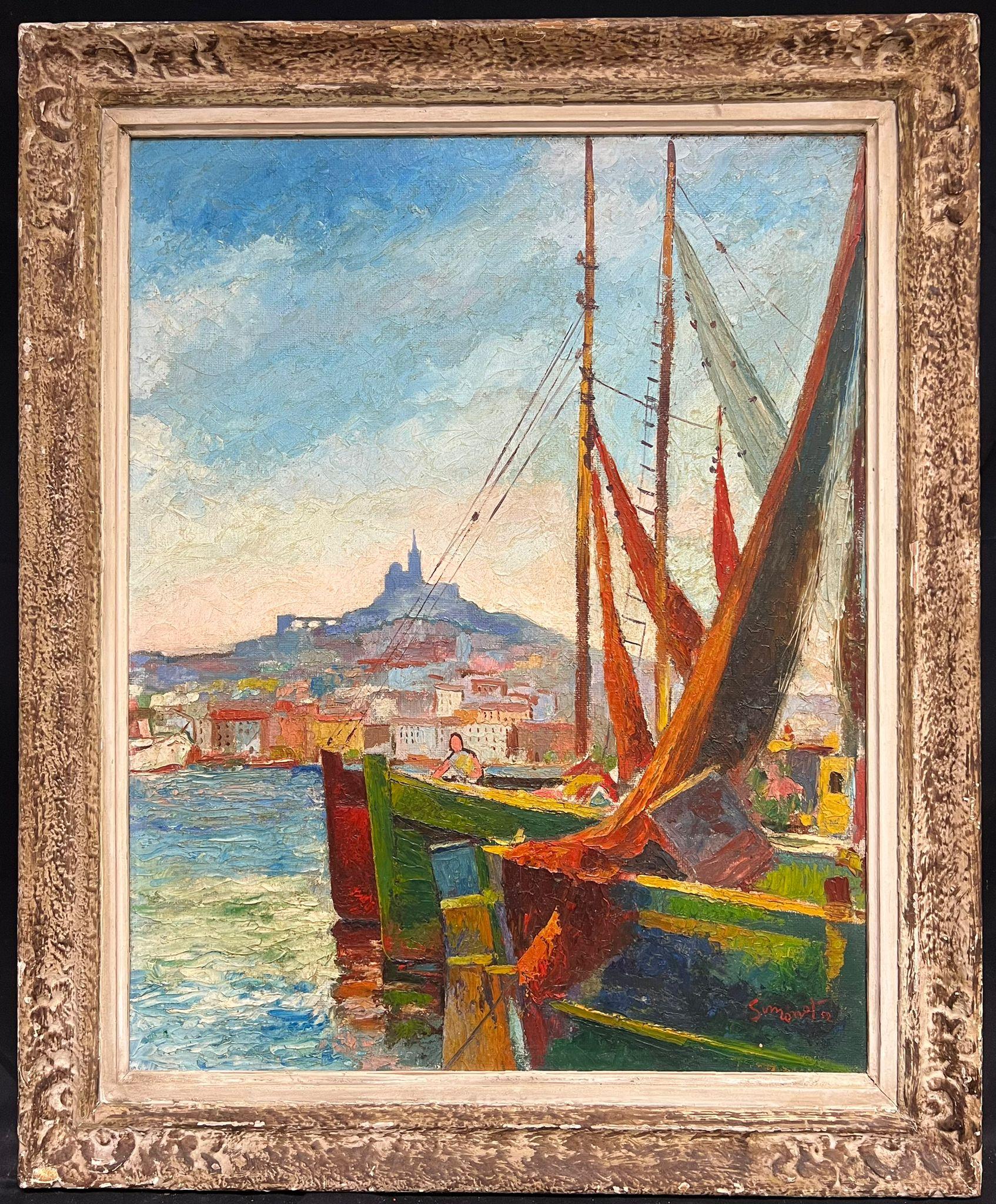 Landscape Painting di French School - Pittura a olio francese della metà del secolo scorso: Marsiglia, porto soleggiato con barche da pesca