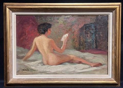 Mid Century French Oil Painting Nude Lady on Bed Reading, signed & framed