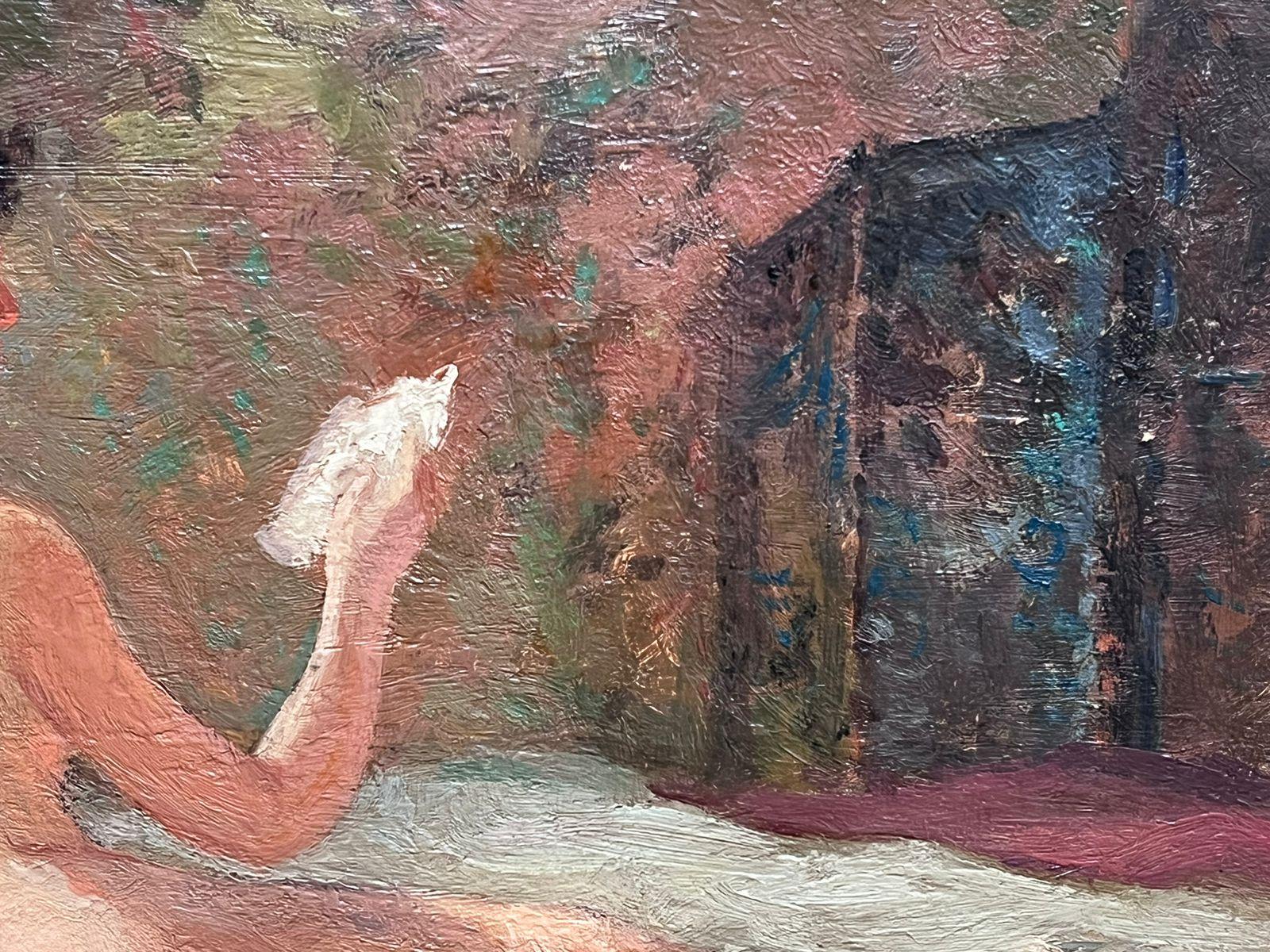 Pittura a olio francese della metà del secolo scorso: donna nuda sul letto che legge, firmata e incorniciata - Painting Postimpressionismo di French School