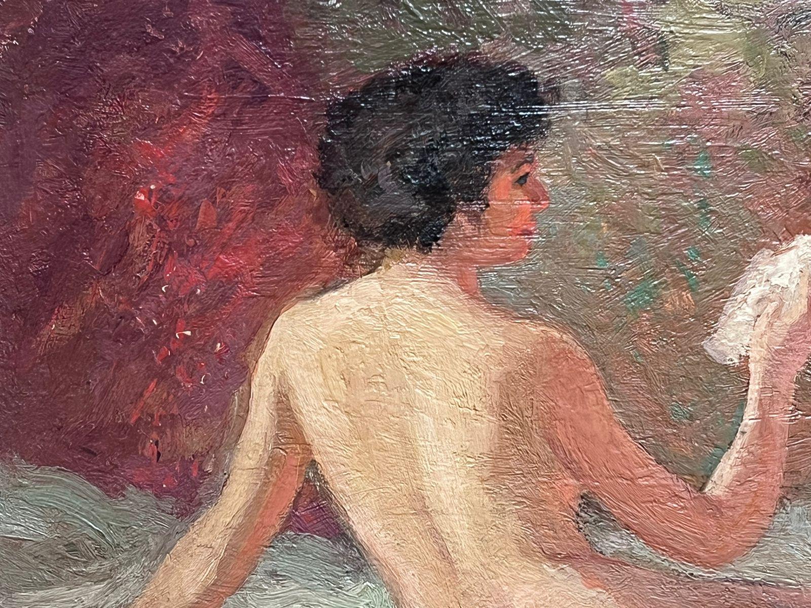 Pittura a olio francese della metà del secolo scorso: donna nuda sul letto che legge, firmata e incorniciata in vendita 1