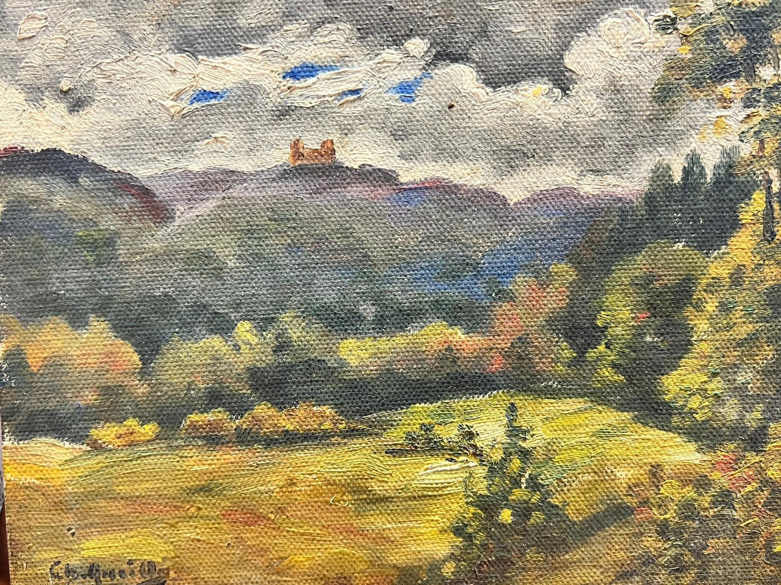 Peinture impressionniste française signée du milieu du siècle Château dans un paysage  - Painting de French School