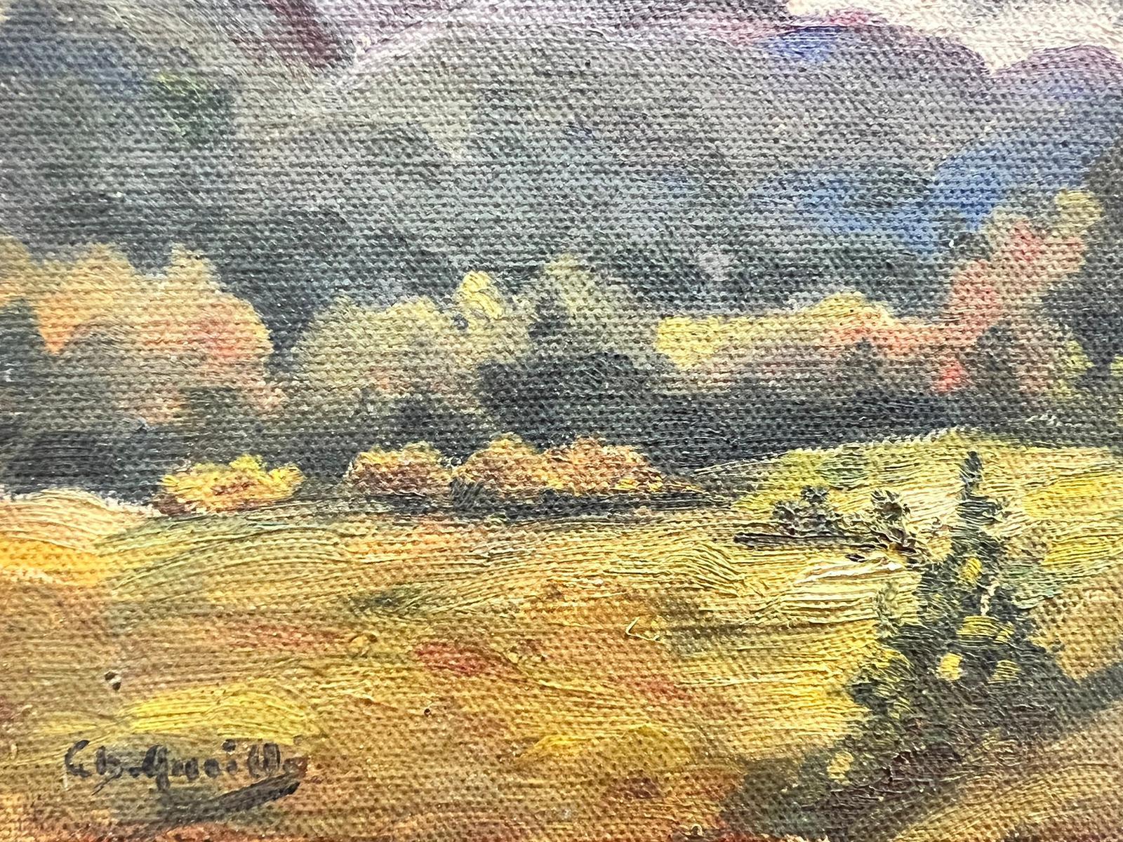 Pittura a olio impressionista firmata della metà del secolo scorso Castello in un paesaggio - Landscape Painting Marrone di French School