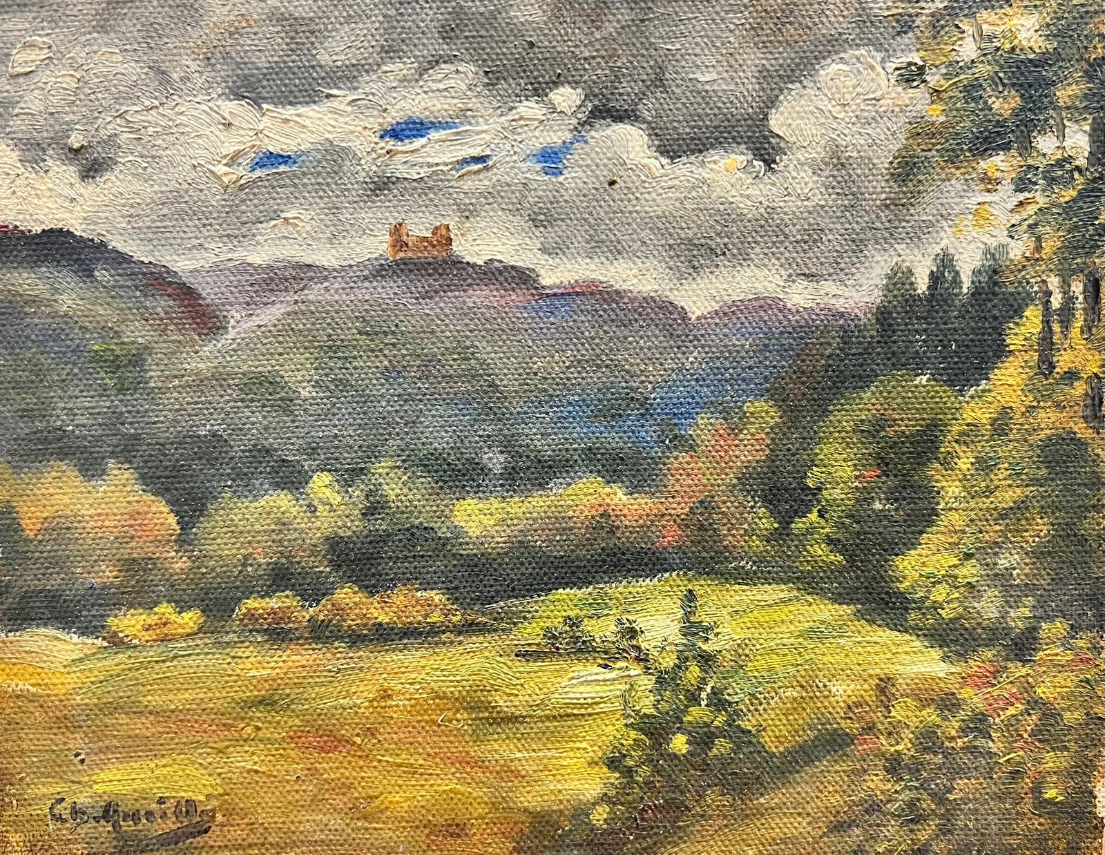 Landscape Painting French School - Peinture impressionniste française signée du milieu du siècle Château dans un paysage 