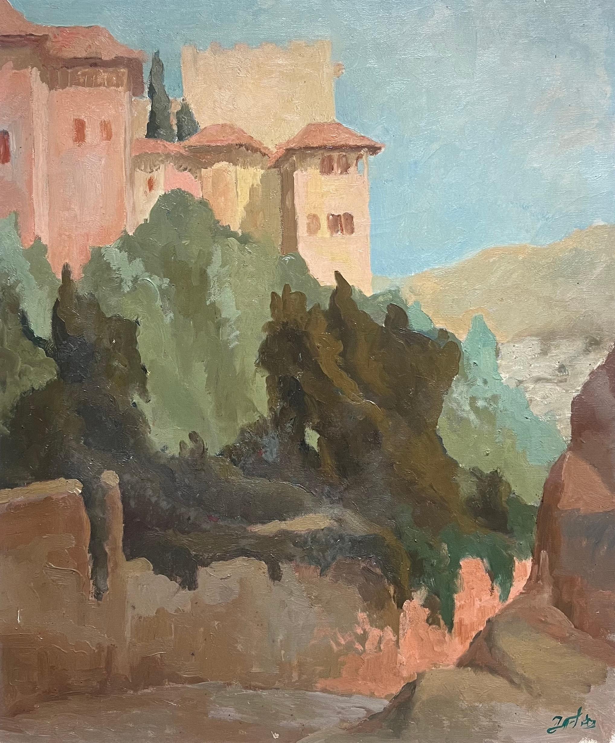 Paesaggio caldo francese di metà secolo con la vecchia fortezza Greene & Greene - Painting di French School
