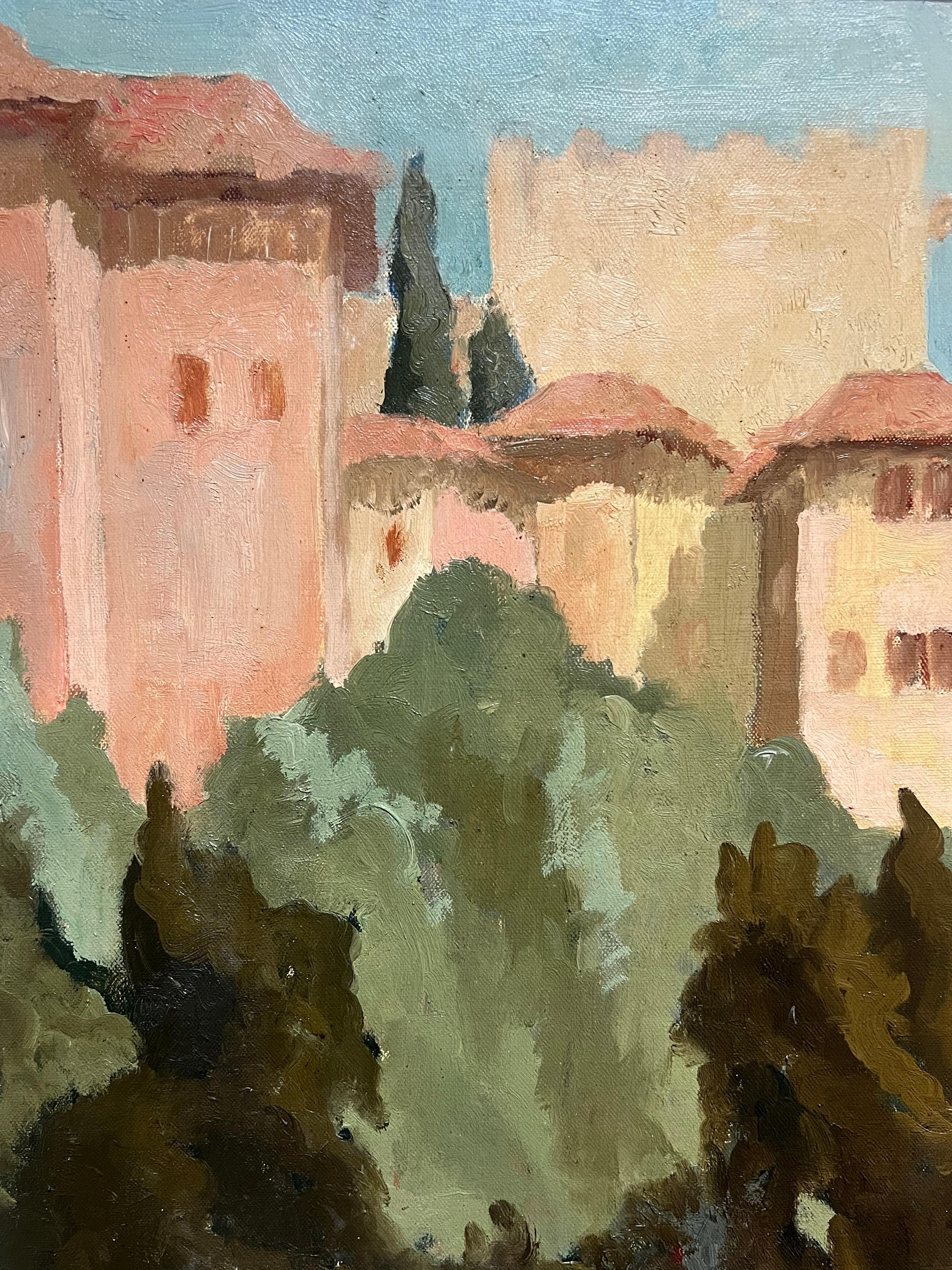 Paesaggio caldo francese di metà secolo con la vecchia fortezza Greene & Greene - Landscape Painting Marrone di French School