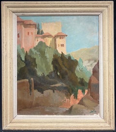 Französische warme Landschaft aus der Mitte des Jahrhunderts mit alten Festungsgrünen, Moody Greens, Ölgemälde