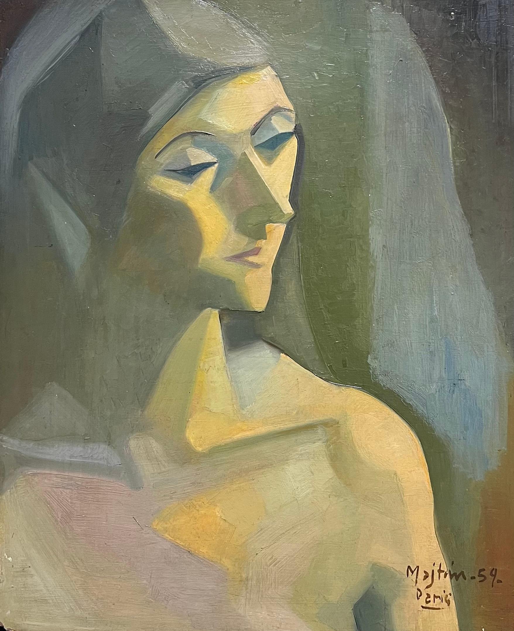 Retrato modernista de mediados de siglo de una mujer en tonos apagados Pintura francesa de los años 50 - Painting de French School