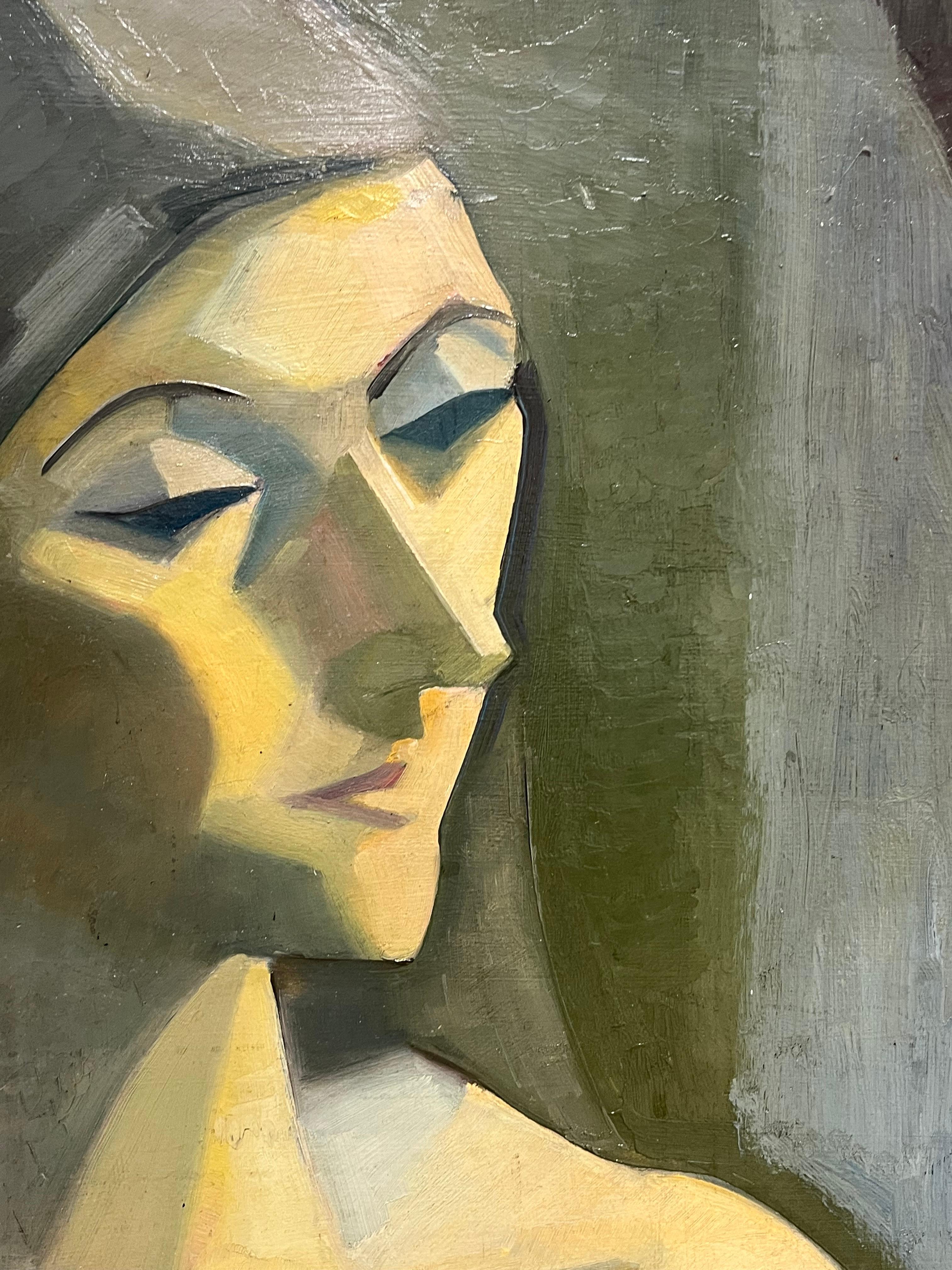 Retrato modernista de mediados de siglo de una mujer en tonos apagados Pintura francesa de los años 50 - Figurative Painting Marrón de French School