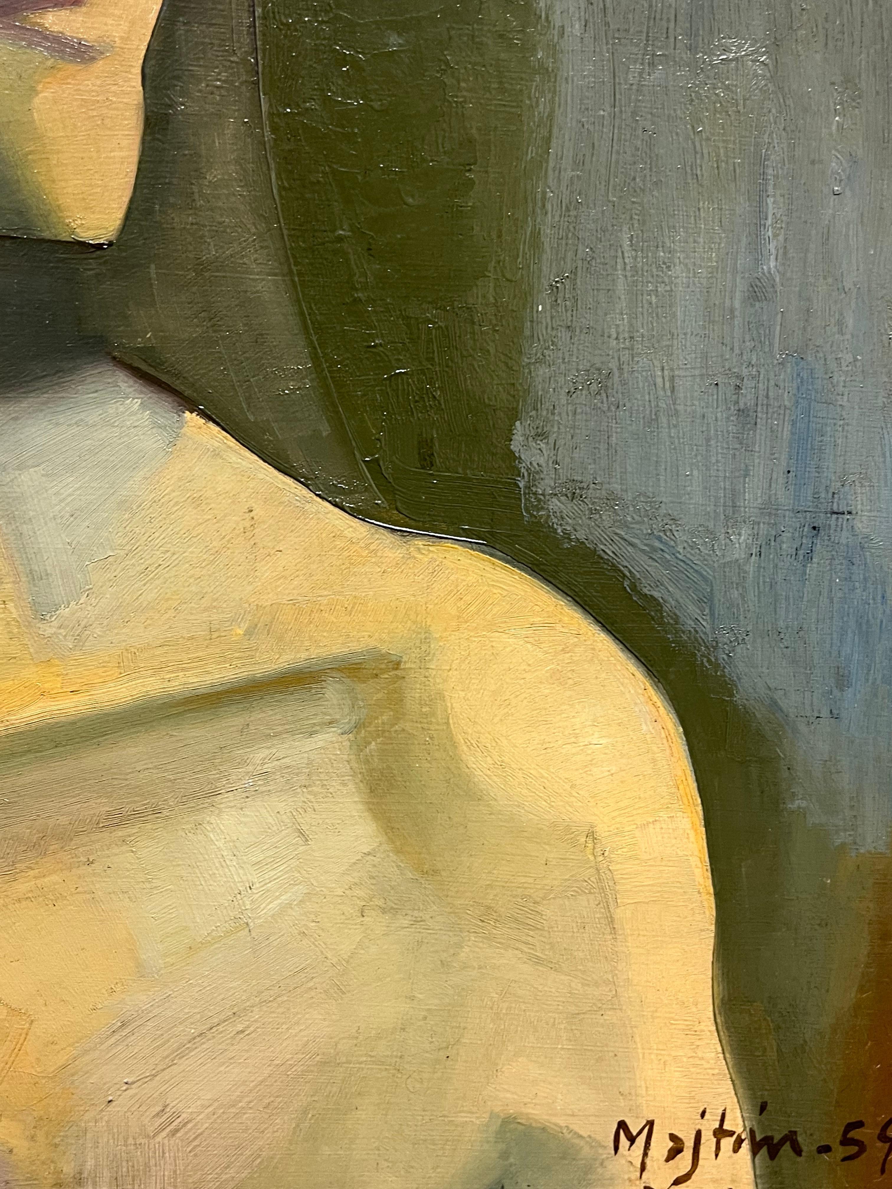 Retrato modernista de mediados de siglo de una mujer en tonos apagados Pintura francesa de los años 50 en venta 2