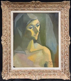 Retrato modernista de mediados de siglo de una mujer en tonos apagados Pintura francesa de los años 50