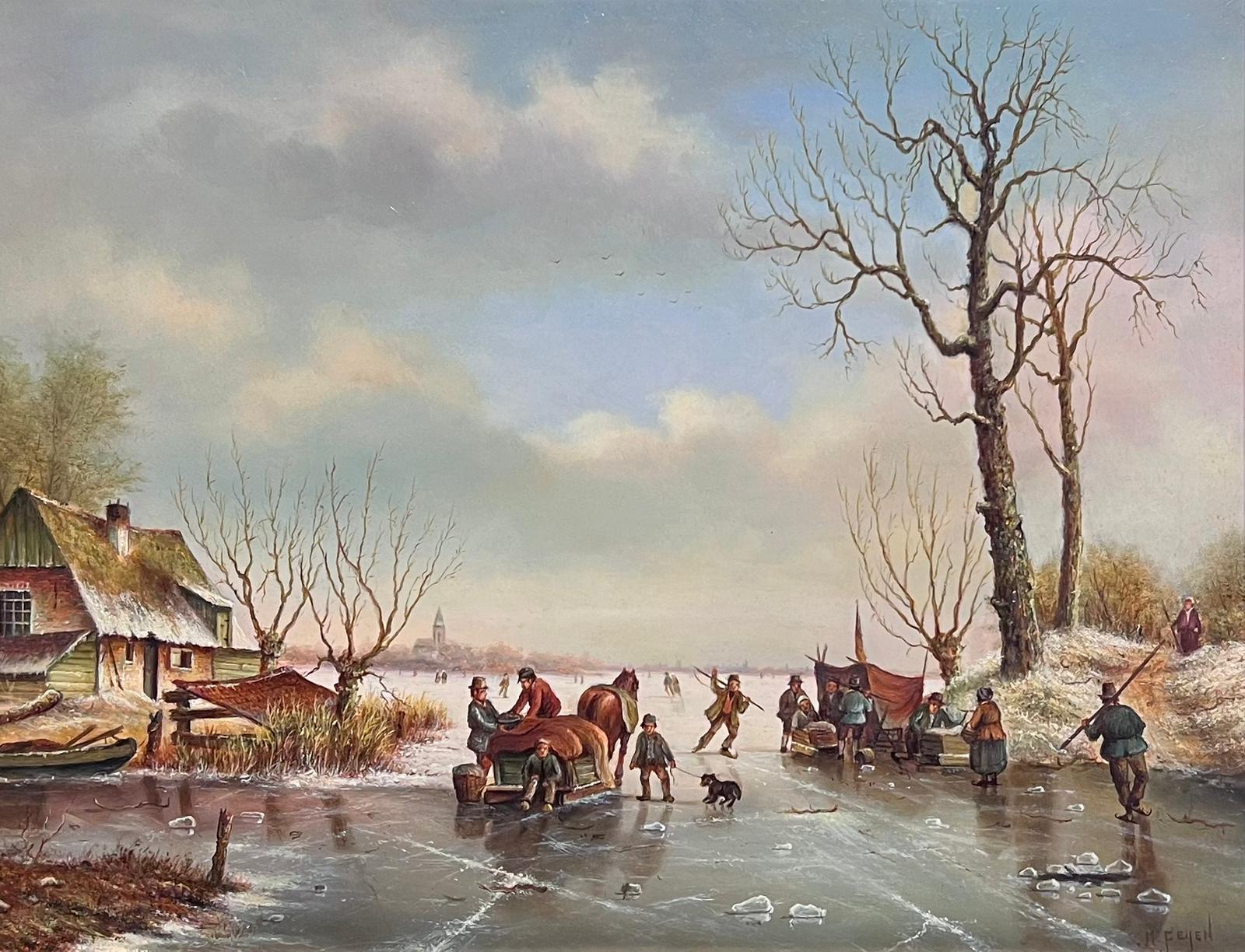 Dutch Classical Winter Scene with Figures Enjoying Ice Gilt Framed Oil  - Painting by French School