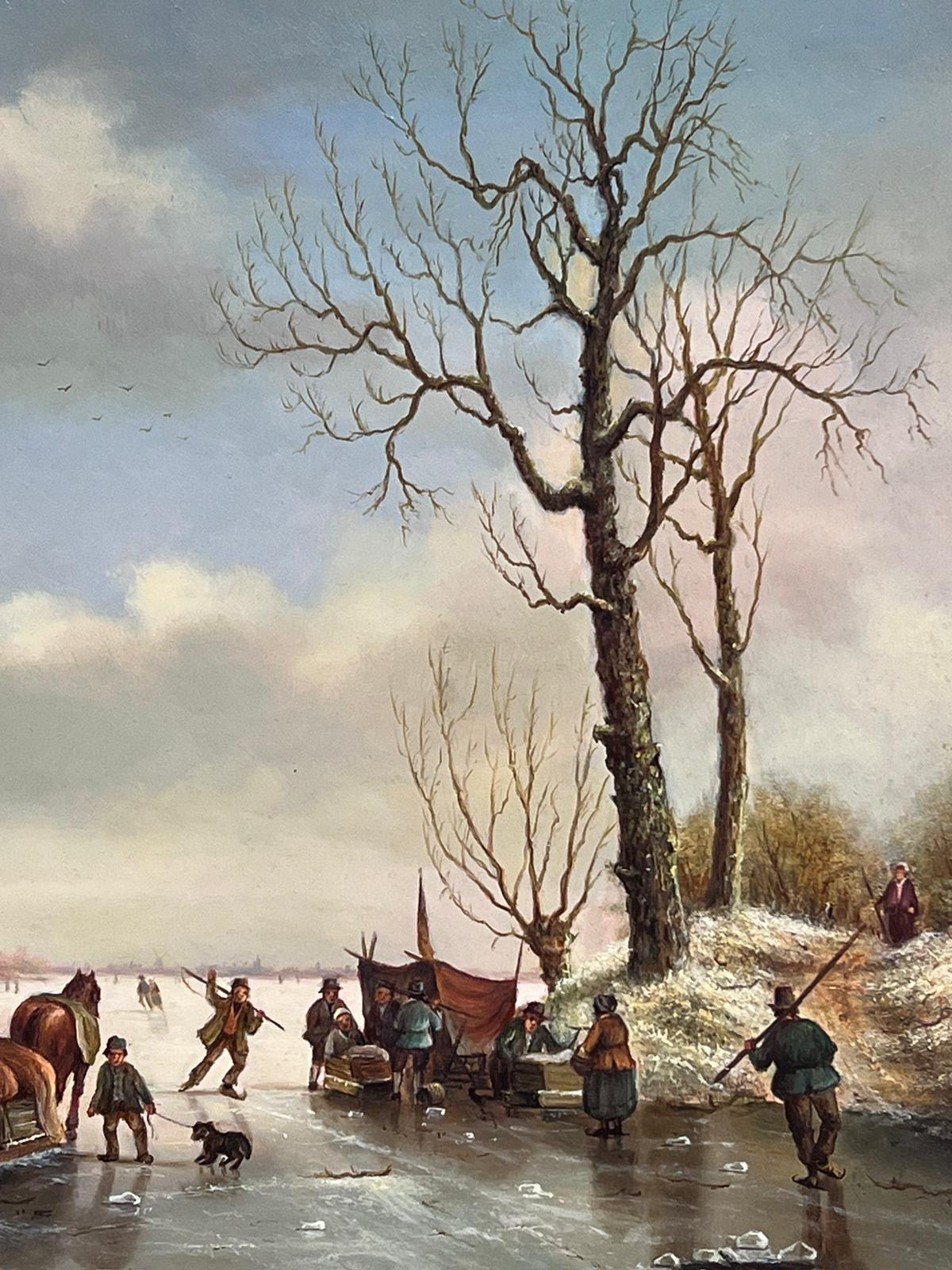 Dutch Classical Winter Scene with Figures Enjoying Ice Gilt Framed Oil  - Old Masters Painting by French School