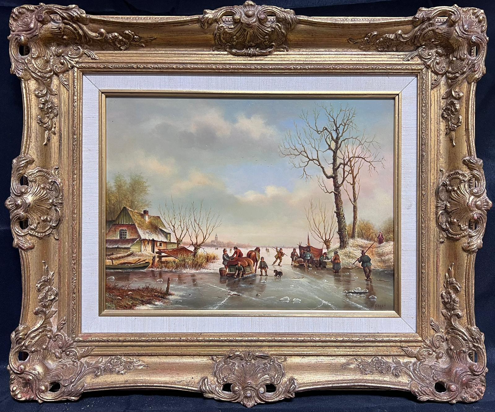 French School Figurative Painting - Dutch Classical Winter Scene with Figures Enjoying Ice Gilt Framed Oil 