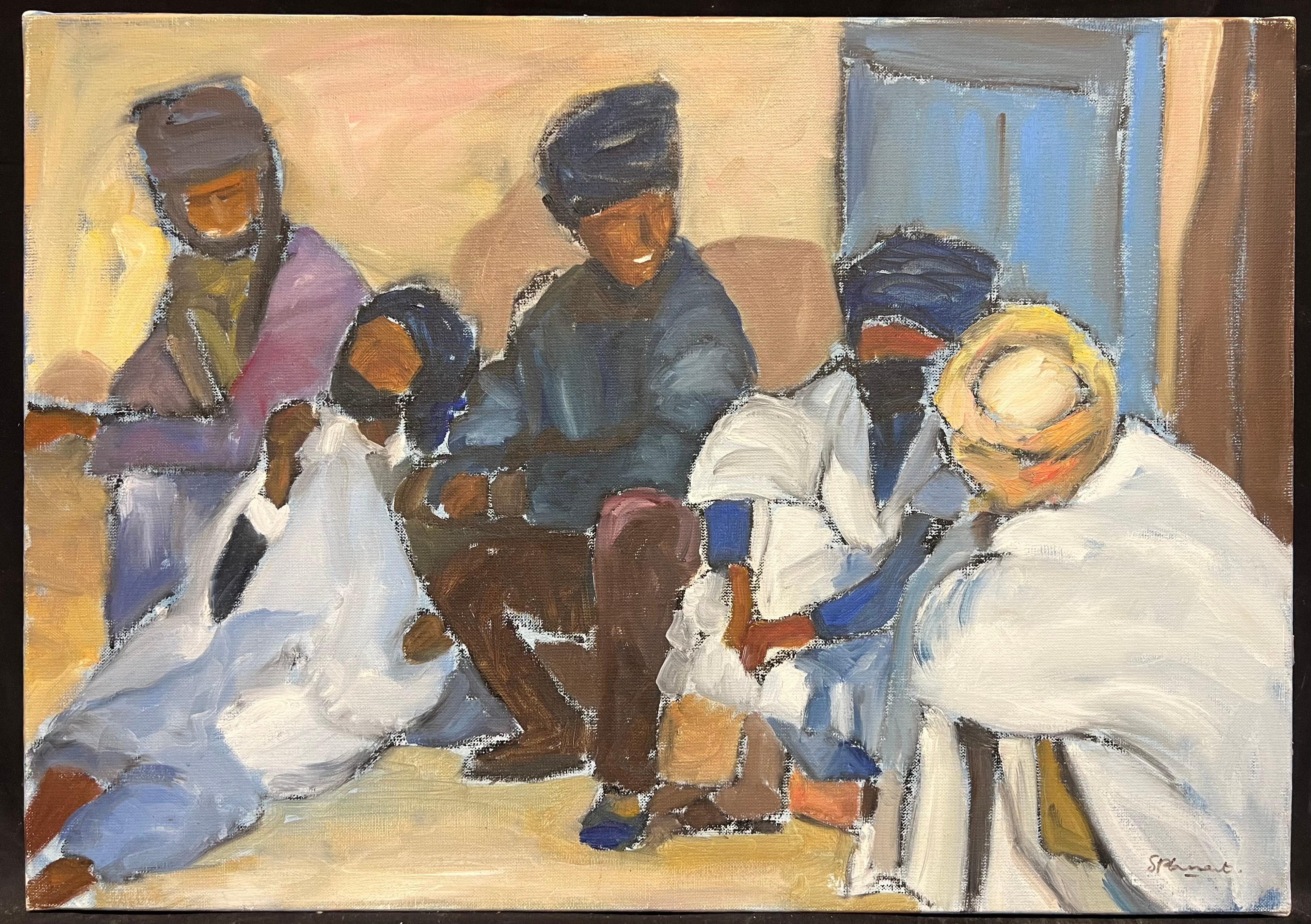 Óleo Francés Moderno Firmado Hombres Charlando Mauritania Ouadane Escena Callejera - Painting de French School