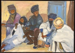 Modern French Signed Oil Men Chatting Mauritania Ouadane Street Scene