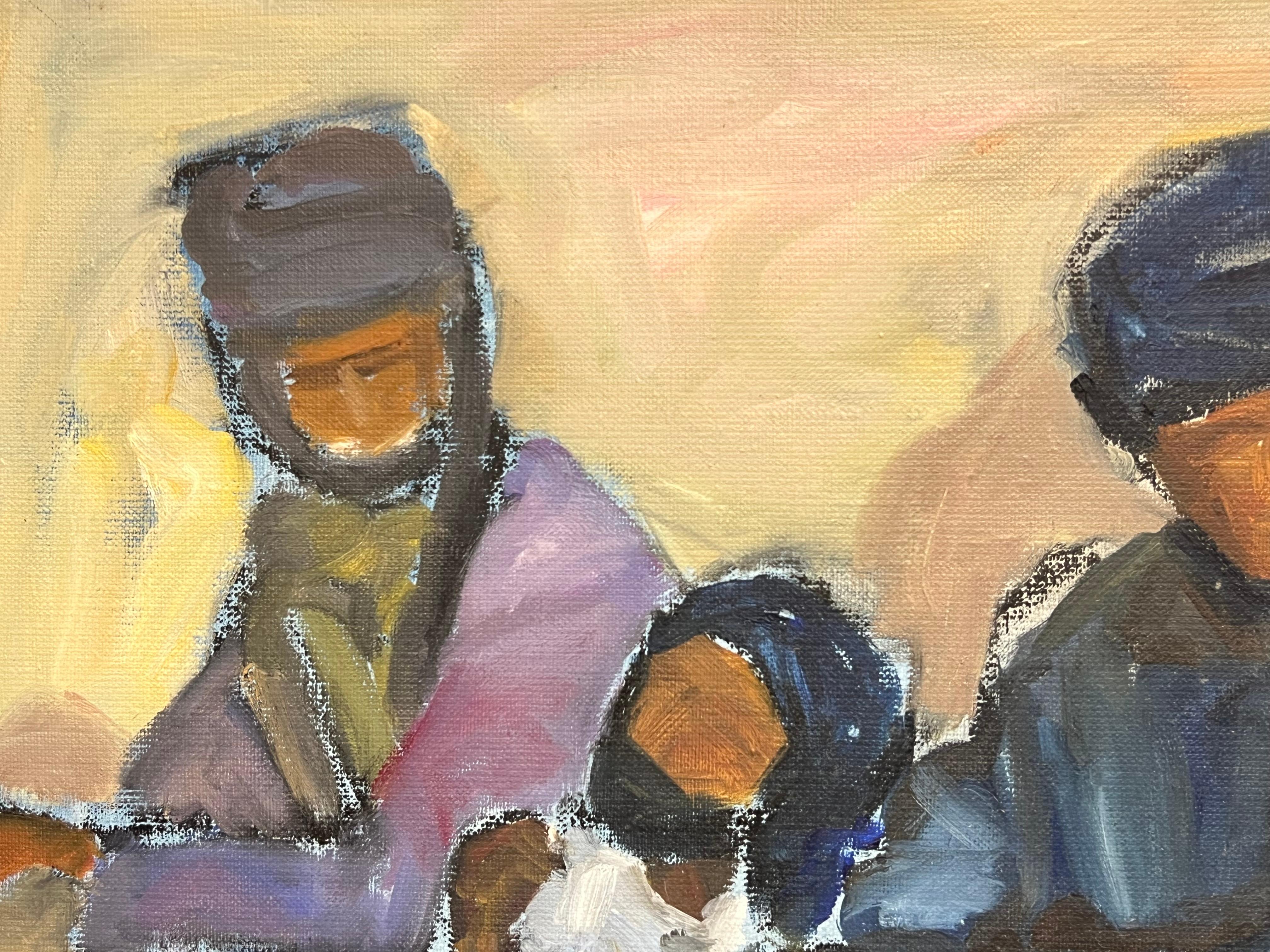 Óleo Francés Moderno Firmado Hombres Charlando Mauritania Ouadane Escena Callejera - Figurative Painting Marrón de French School