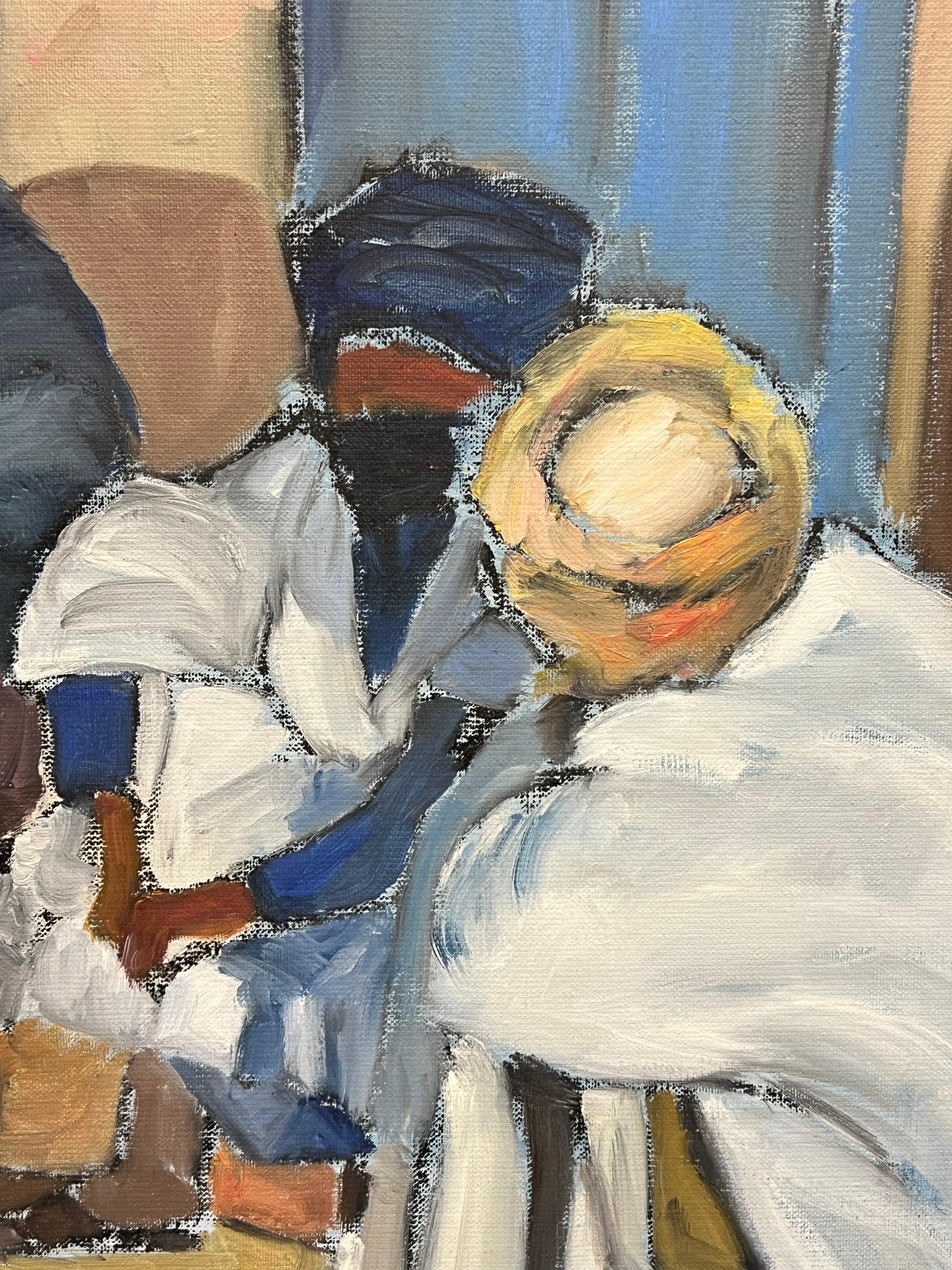 Óleo Francés Moderno Firmado Hombres Charlando Mauritania Ouadane Escena Callejera en venta 2