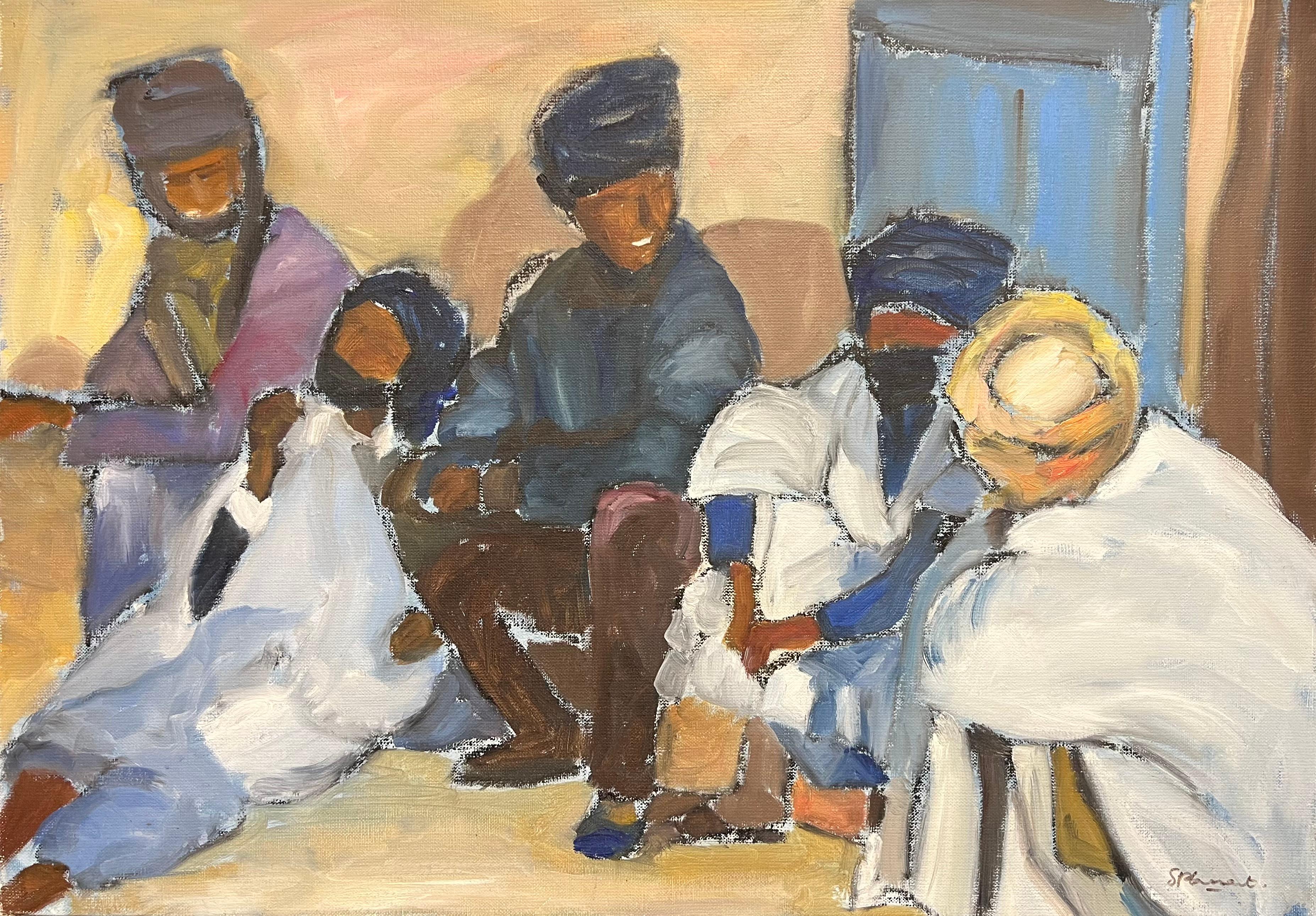 Figurative Painting de French School - Óleo Francés Moderno Firmado Hombres Charlando Mauritania Ouadane Escena Callejera