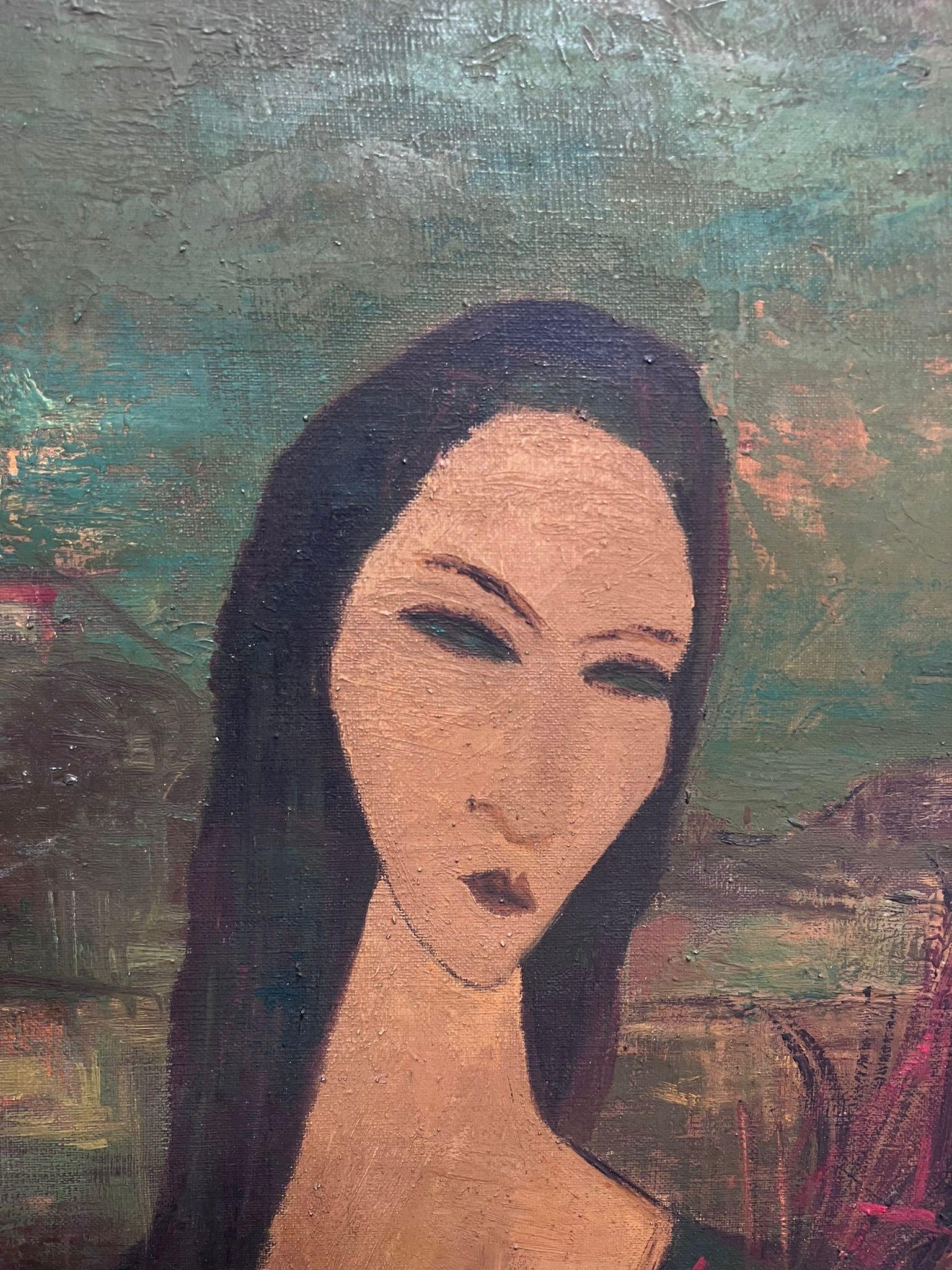 Ritratto francese modernista di donna con fiori in mano Pittura ad olio espressiva - Painting di French School