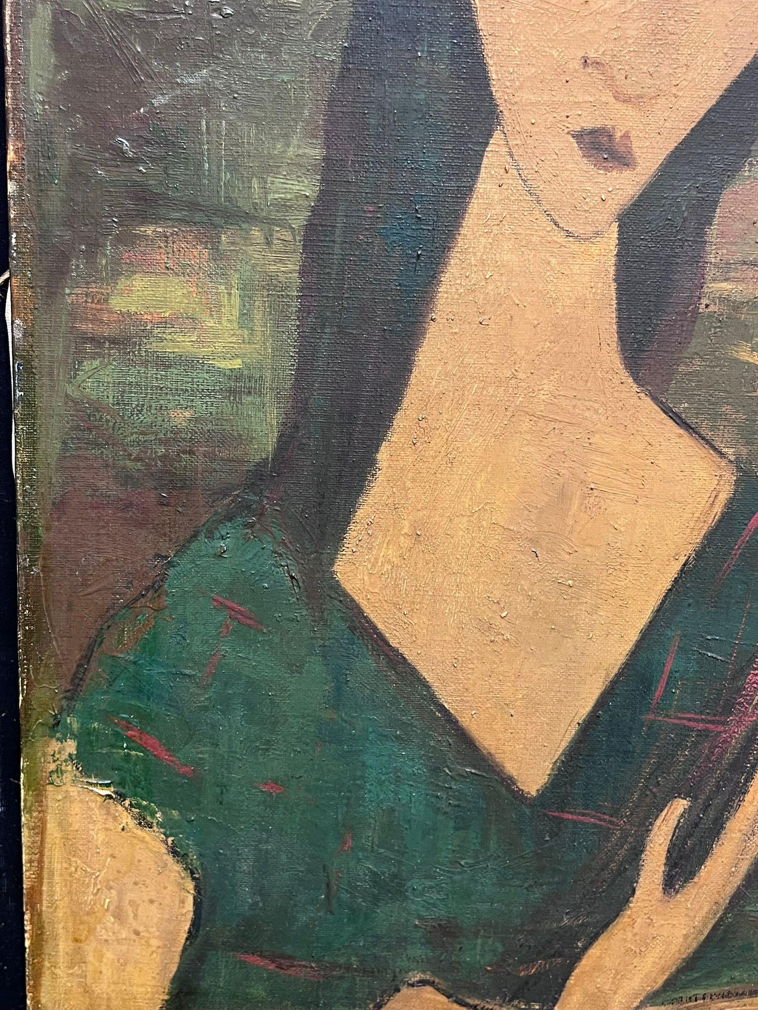 Ritratto francese modernista di donna con fiori in mano Pittura ad olio espressiva in vendita 1