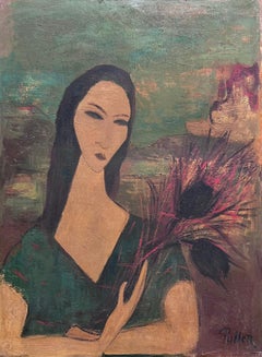 Ritratto francese modernista di donna con fiori in mano Pittura ad olio espressiva
