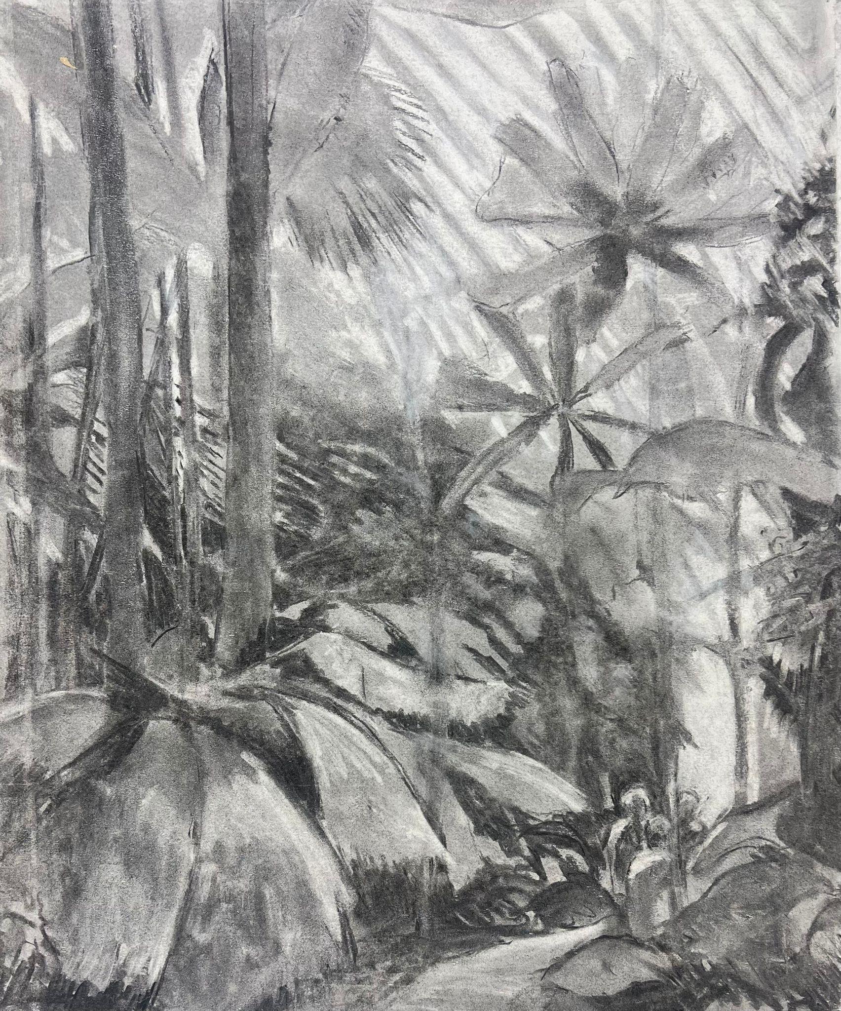 Landscape Painting de French School - Escena monocromática de la selva en carboncillo Misterio de la selva tropical