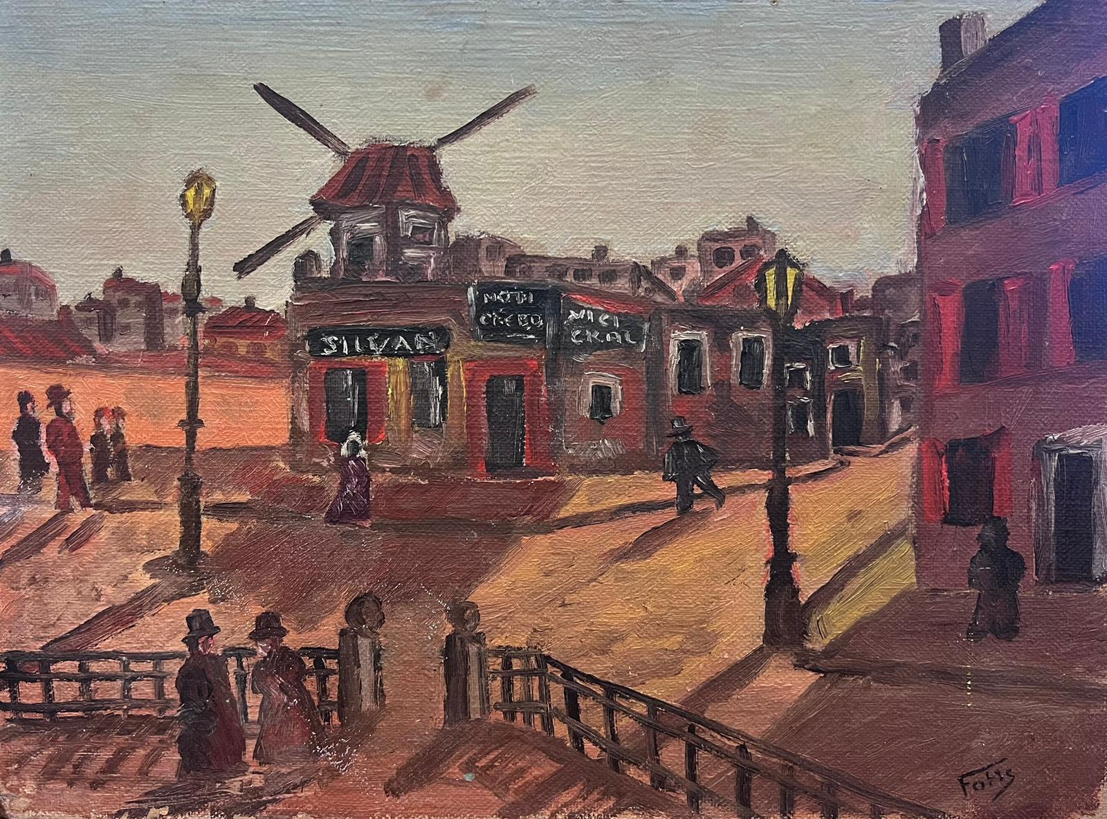 French School Figurative Painting - Montmartre Paris Windmill Early 1900's French Signed Oil Painting Figures