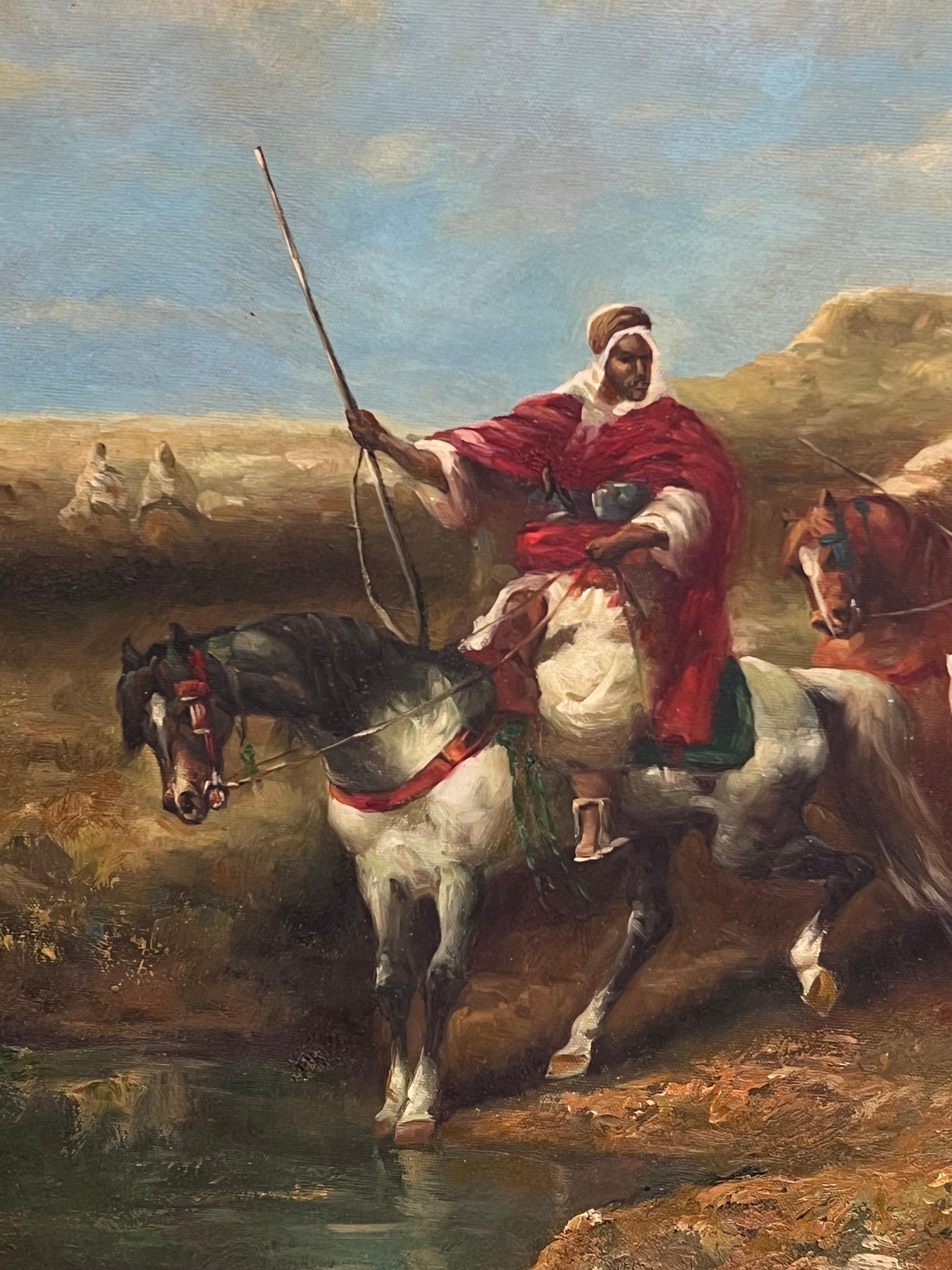 Pittura ad olio firmata Orientalista francese del Nord Africa Figure a cavallo Spade in vendita 5