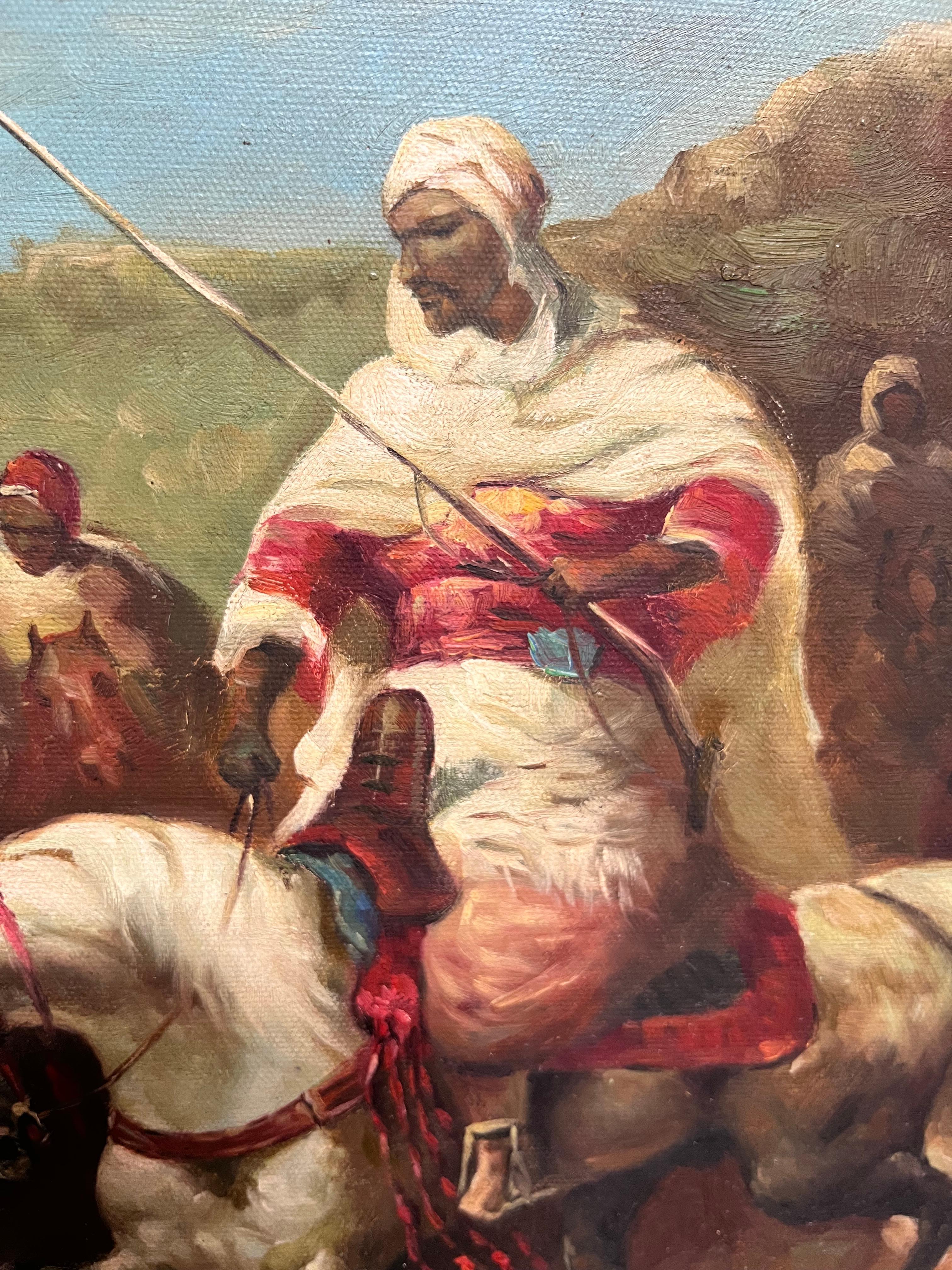 Pittura ad olio firmata Orientalista francese del Nord Africa Figure a cavallo Spade in vendita 6