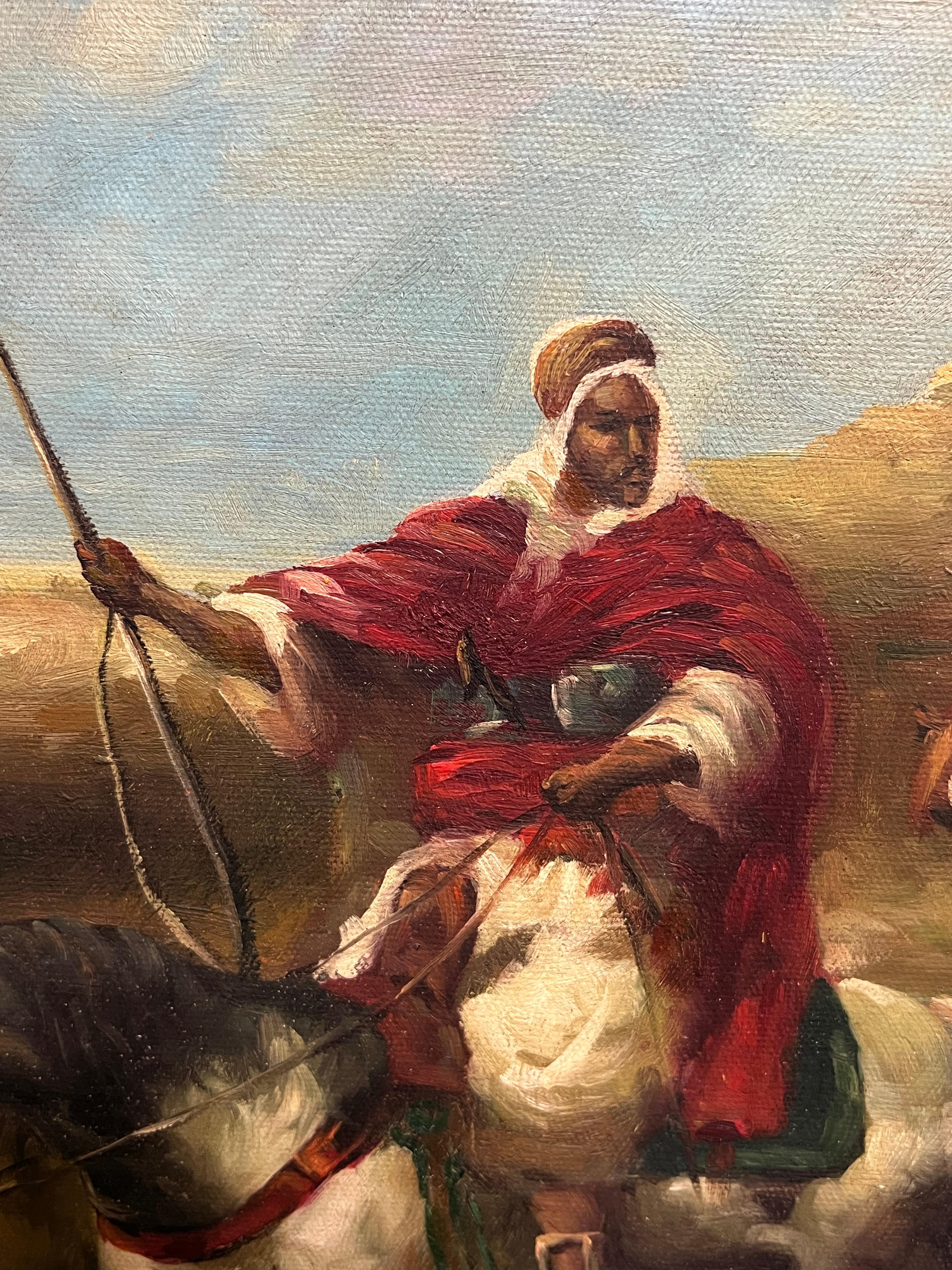 Pittura ad olio firmata Orientalista francese del Nord Africa Figure a cavallo Spade in vendita 7