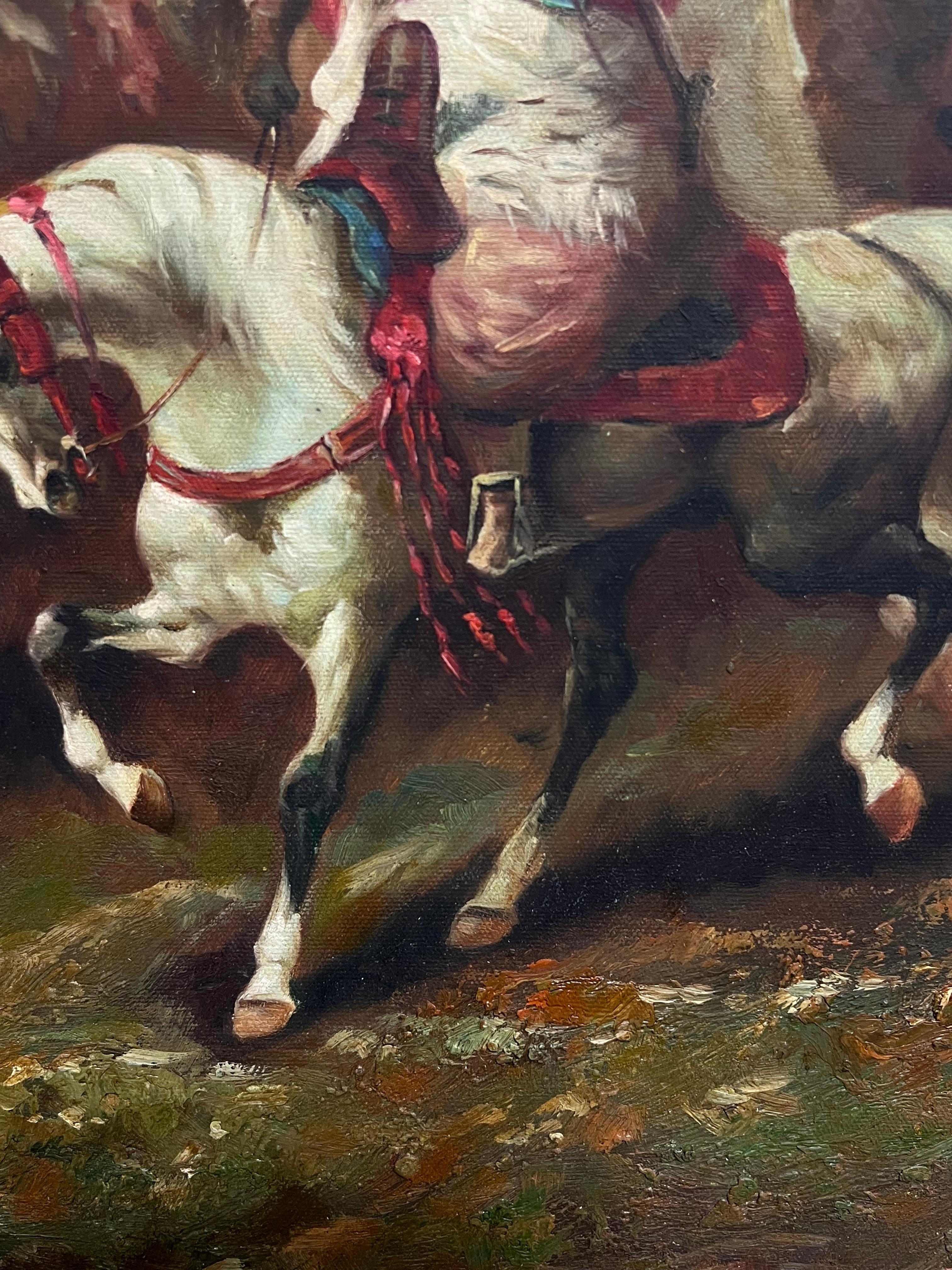 Pittura ad olio firmata Orientalista francese del Nord Africa Figure a cavallo Spade in vendita 8