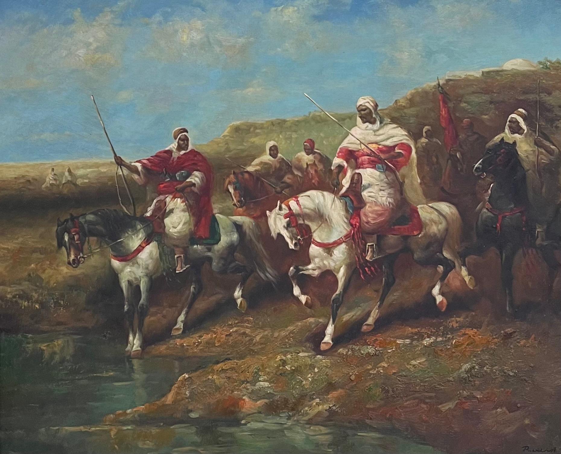Pittura ad olio firmata Orientalista francese del Nord Africa Figure a cavallo Spade - Painting di French School