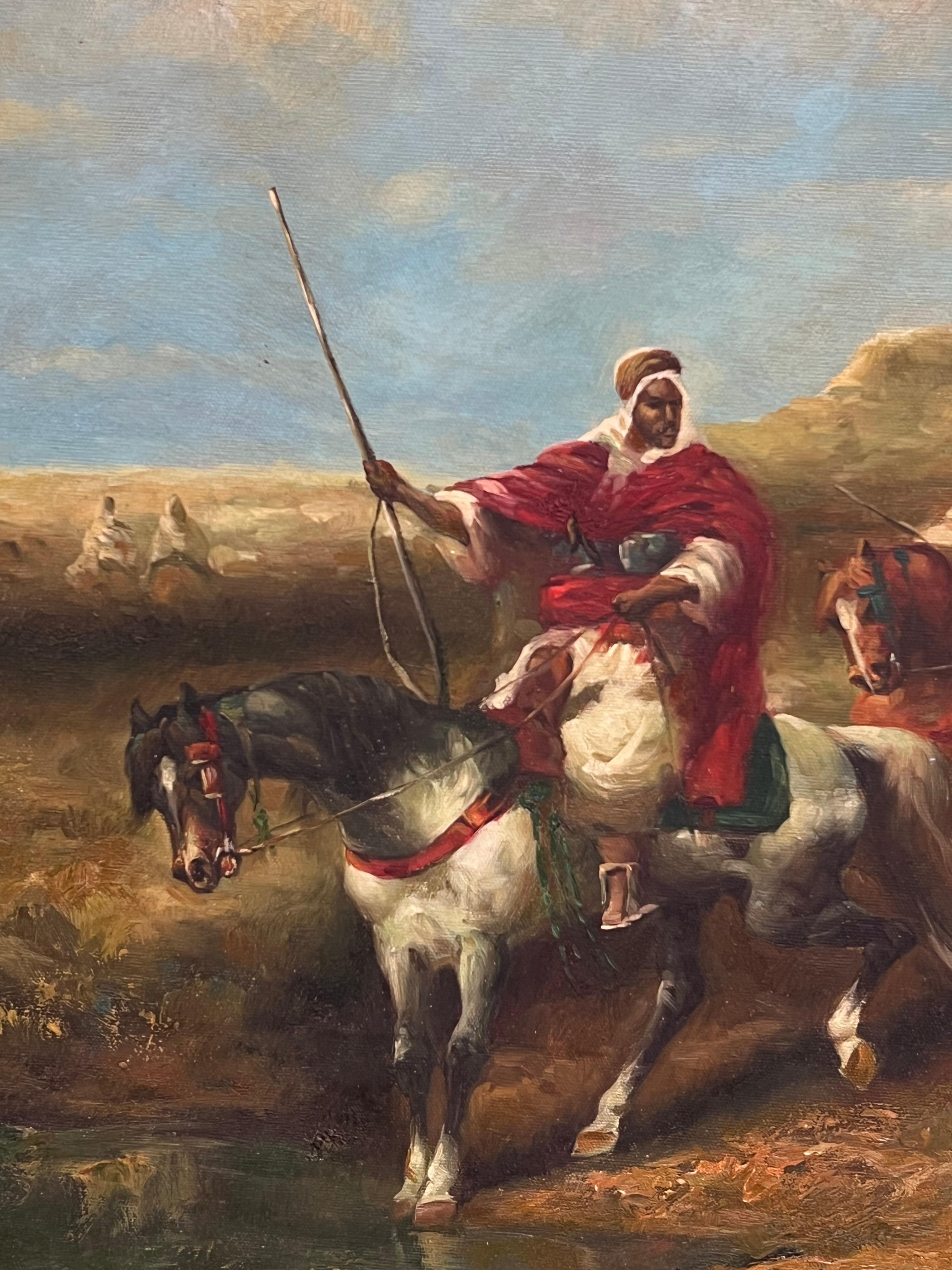 Pittura ad olio firmata Orientalista francese del Nord Africa Figure a cavallo Spade - Figurative Painting Marrone di French School