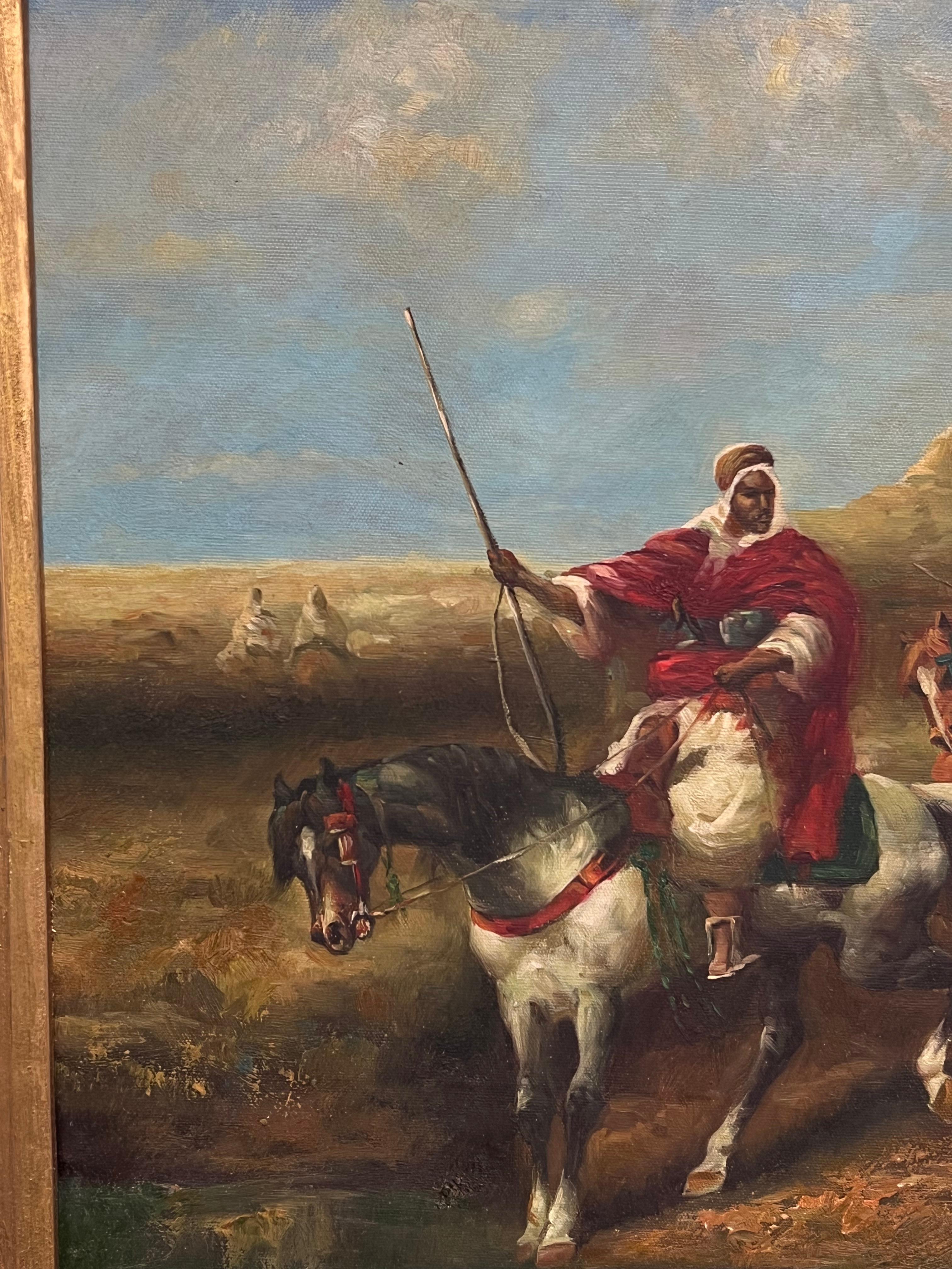 Pittura ad olio firmata Orientalista francese del Nord Africa Figure a cavallo Spade in vendita 3