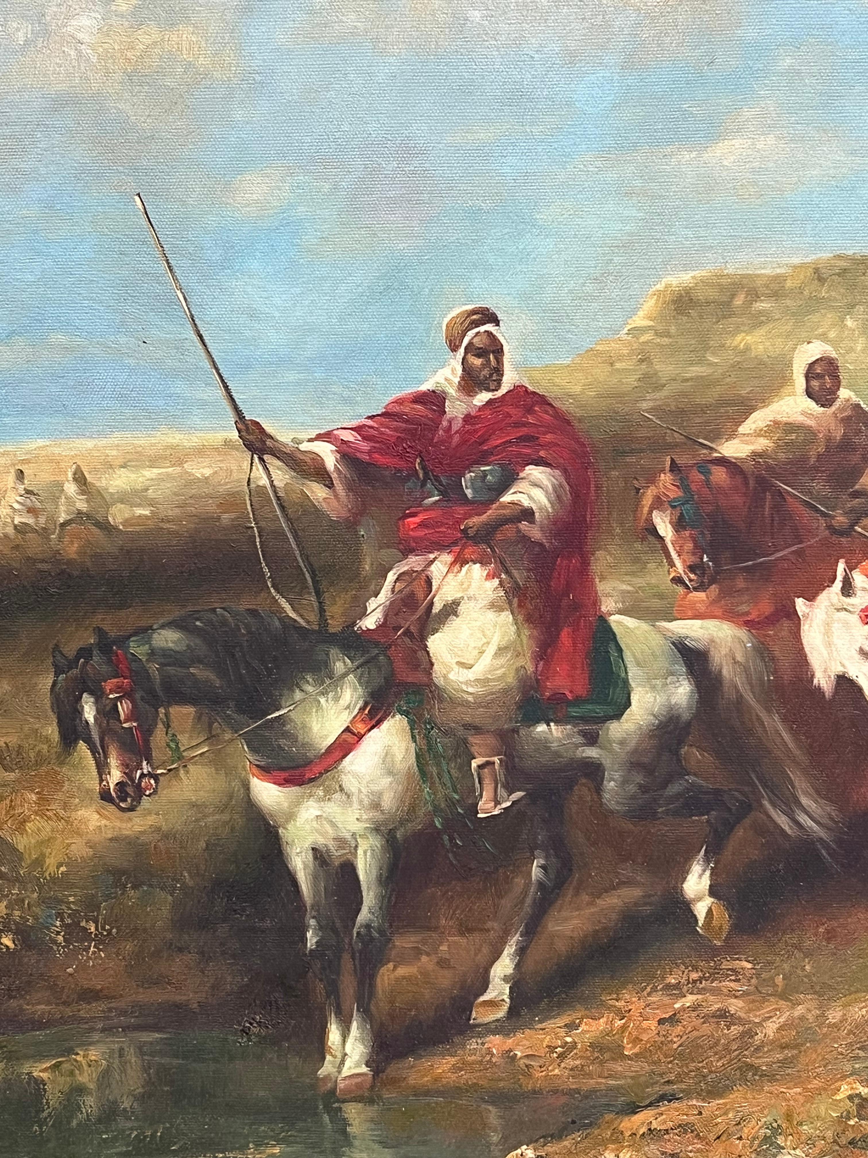Pittura ad olio firmata Orientalista francese del Nord Africa Figure a cavallo Spade in vendita 4